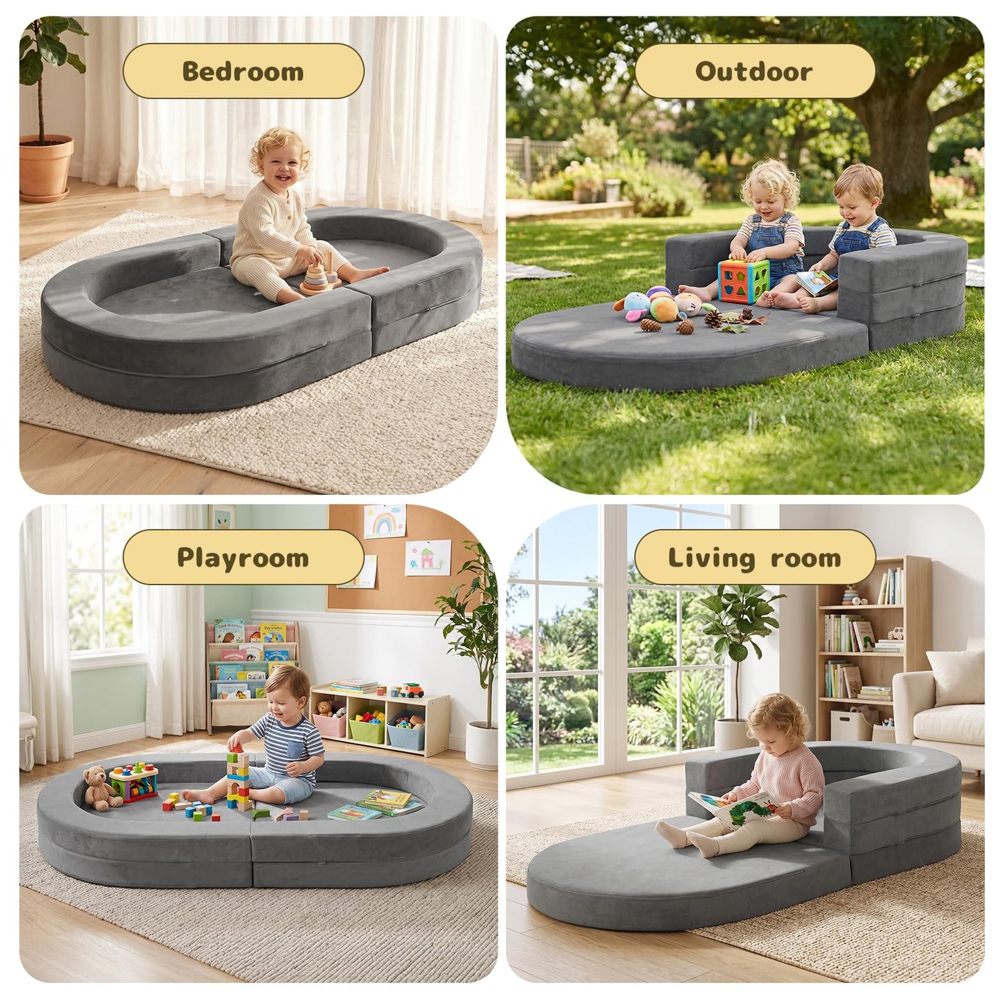 Tykacna Travel Toddler Bed, 3-in-1 Portable Foldable Toddler Chair,Soft Foam Floor Bed Lounger with Washable Cover,Grey