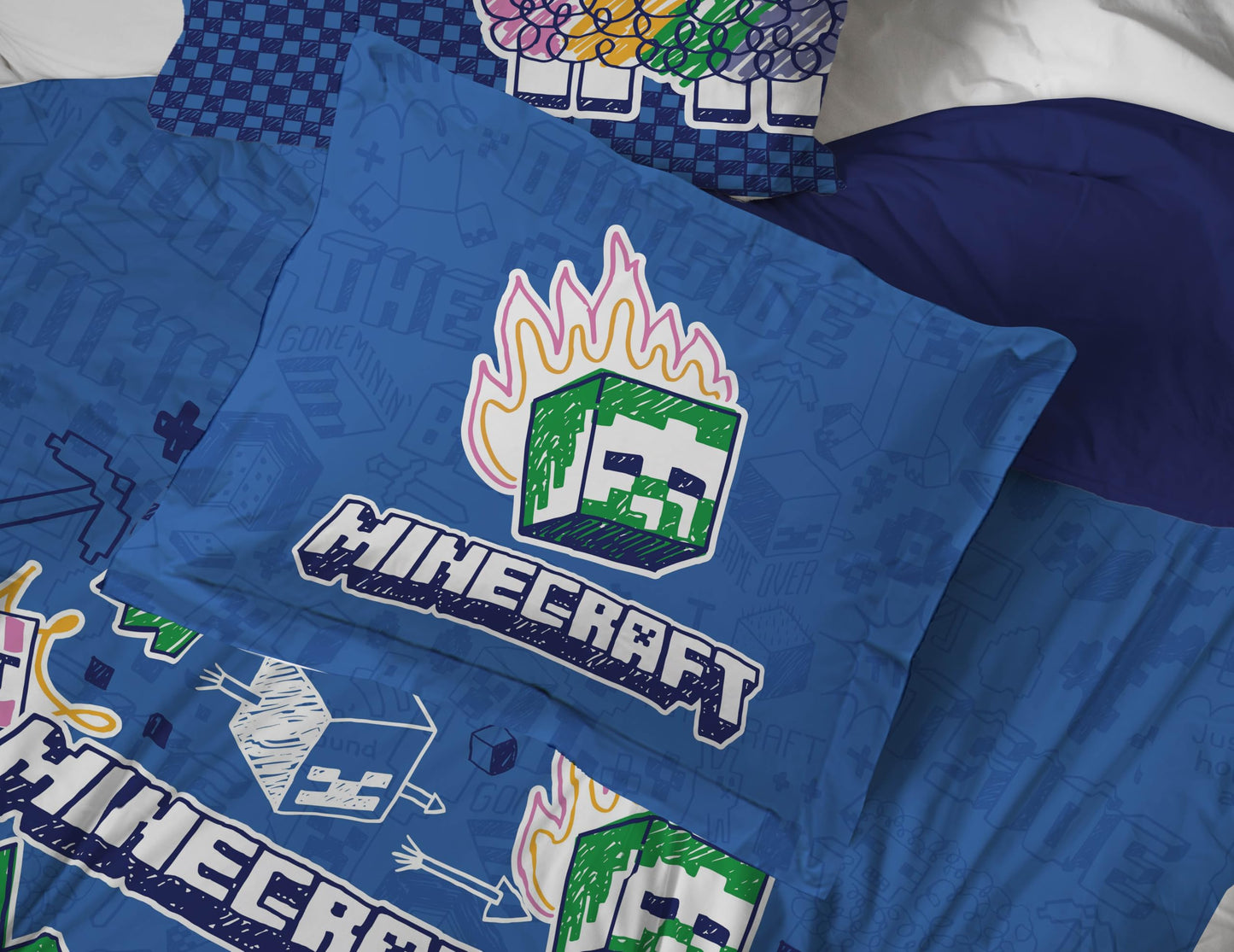 Jay Franco Kids Comforter Set Includes Sheets and Pillow Covers - Soft and Cozy Bed Set for Stylish Room Decor, Blue - Minecraft 02, 7 Piece Queen Bedding