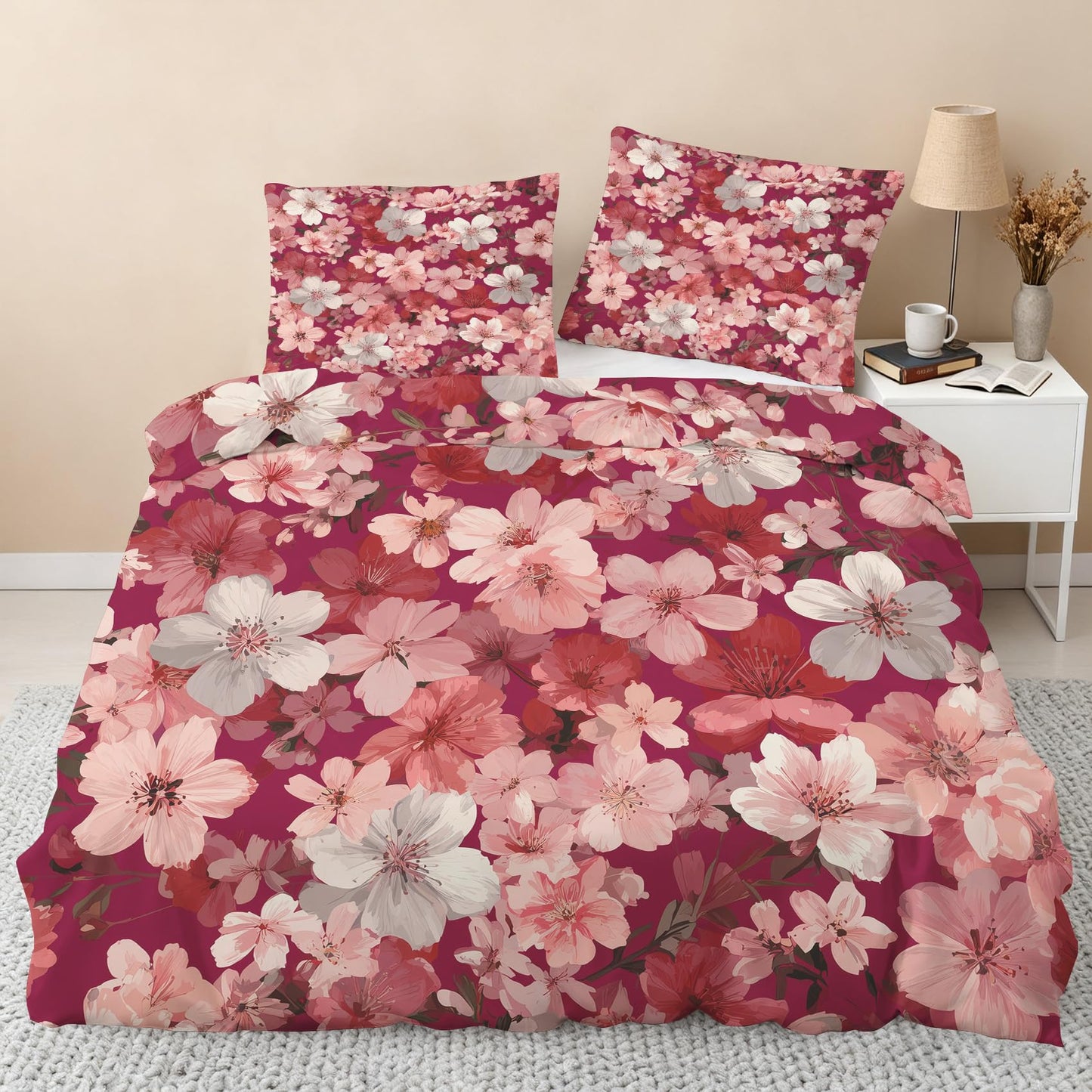 Cherry Blossom Duvet Cover Queen, Burgundy Pink Flower Bedding Set 3 Piece & 2 Pillowcases, Pink Floral Bedroom Decor, Reversible Soft Microfiber, Zipper Ties