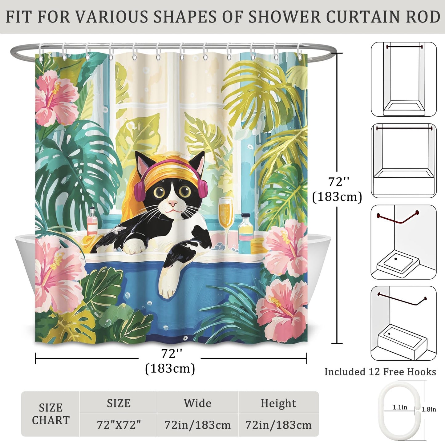 GICDSU Funny Cat Shower Curtain Boho Cute Black Cats Shower Curtain for Bathroom Pink Tropical Matisse Kitten Plam Tree Bath Curtains with Hooks Waterproof Fabric Bathtub 72x72 Inch