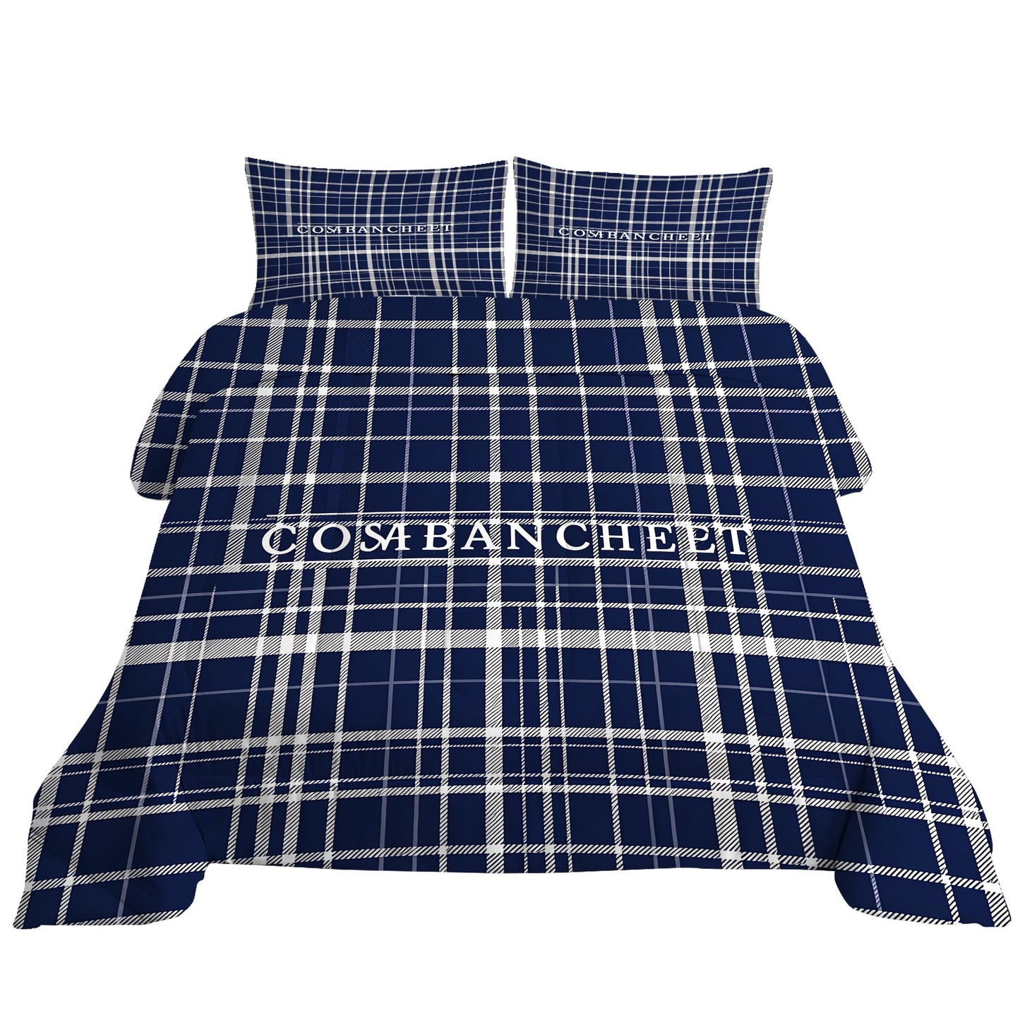 VTKON Navy Blue Plaid Comforter Set for Boys Queen Size, Classic Preppy Check Bedding Set for Boys Teens, Timeless Navy and White Bed Sets for Dorm with 2 Pillowcases