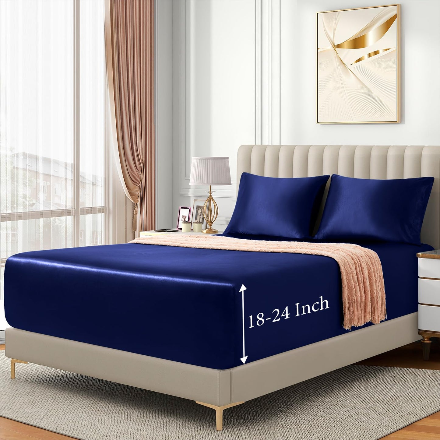 VACVELT 3pcs Extra Deep Pocket Satin Fitted Sheet Set Queen Bed Set, Navy Blue Bottom Sheet Fit 18-24 Inch Deep Pocket Mattress, Silky Bedding Set Soft & Ultra Deep Fitted Sheet + 2 Pillowcase