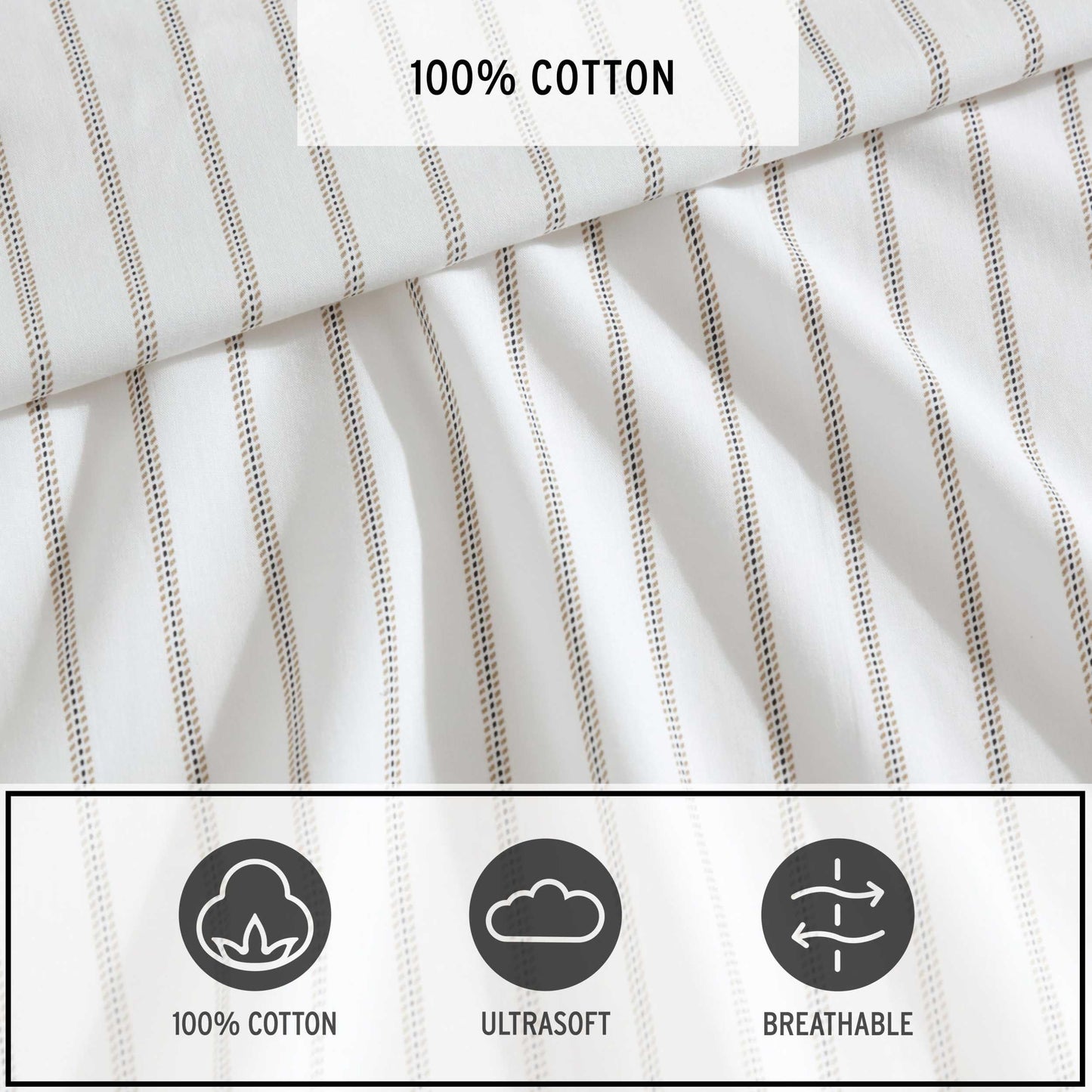 Eddie Bauer - Twin Sheet Set with Fitted Sheet & Pillowcase, 100% Cotton Percale Bedding, Crisp & Cool, Dorm Room Essentials, Essential Stripe Beige