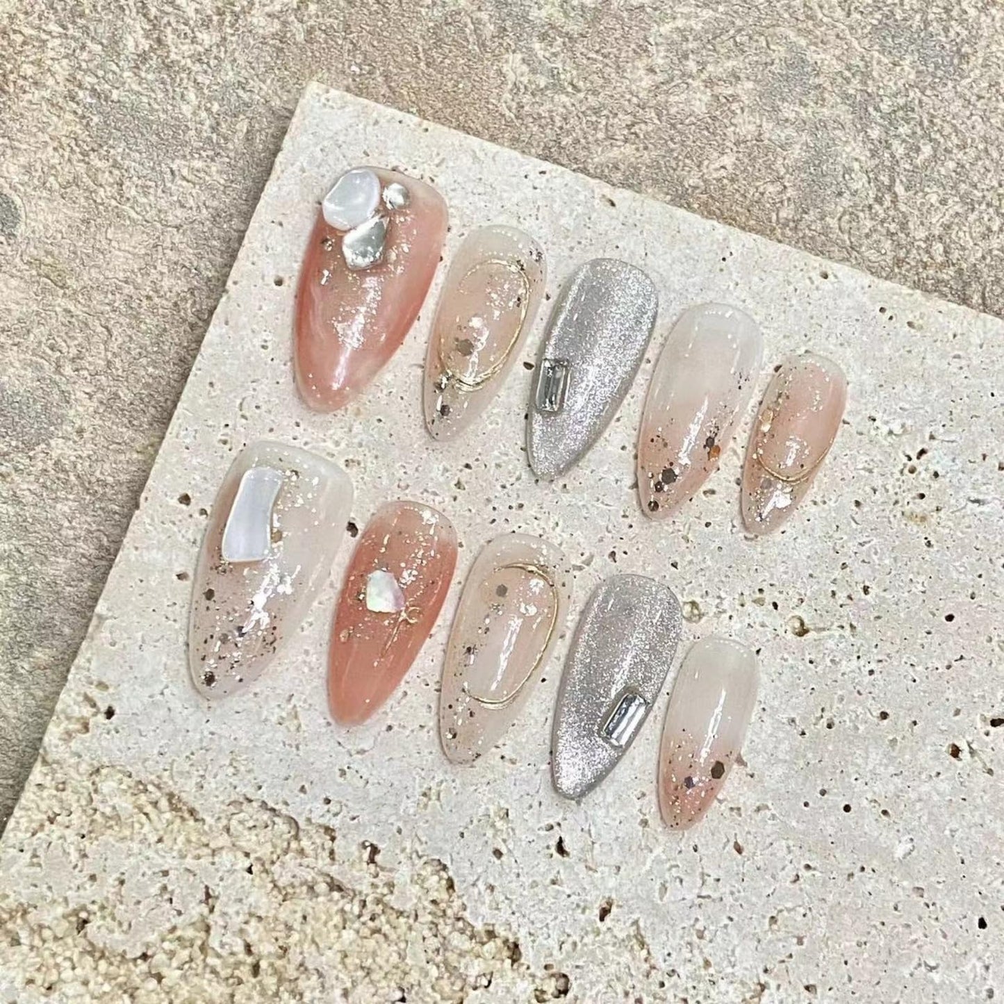 NLSJMP Handmade Press on Nails,Reusable False nails,Acrylic Fake Nails Kit,Luxury glitter orange white silver rhinestone Design Nail Art Kit,Include Toolkit,10pcs,Size L，#1947