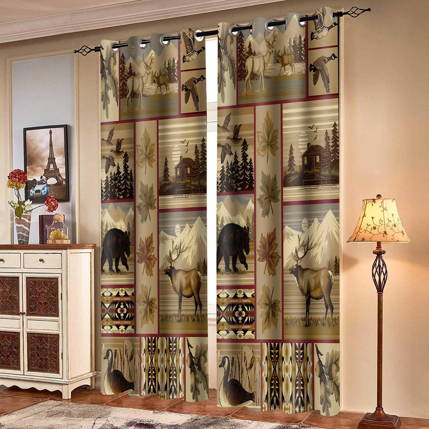 MIZSYE Retro Rustic Blackout Curtains Wildlife Bear Deer Farmhouse Chalet Snowy Mountain Plaid Window Drapes Insulated Blackout Privacy Curtain for Bedroom Living Room Dining Room 2Plates 42x84inch