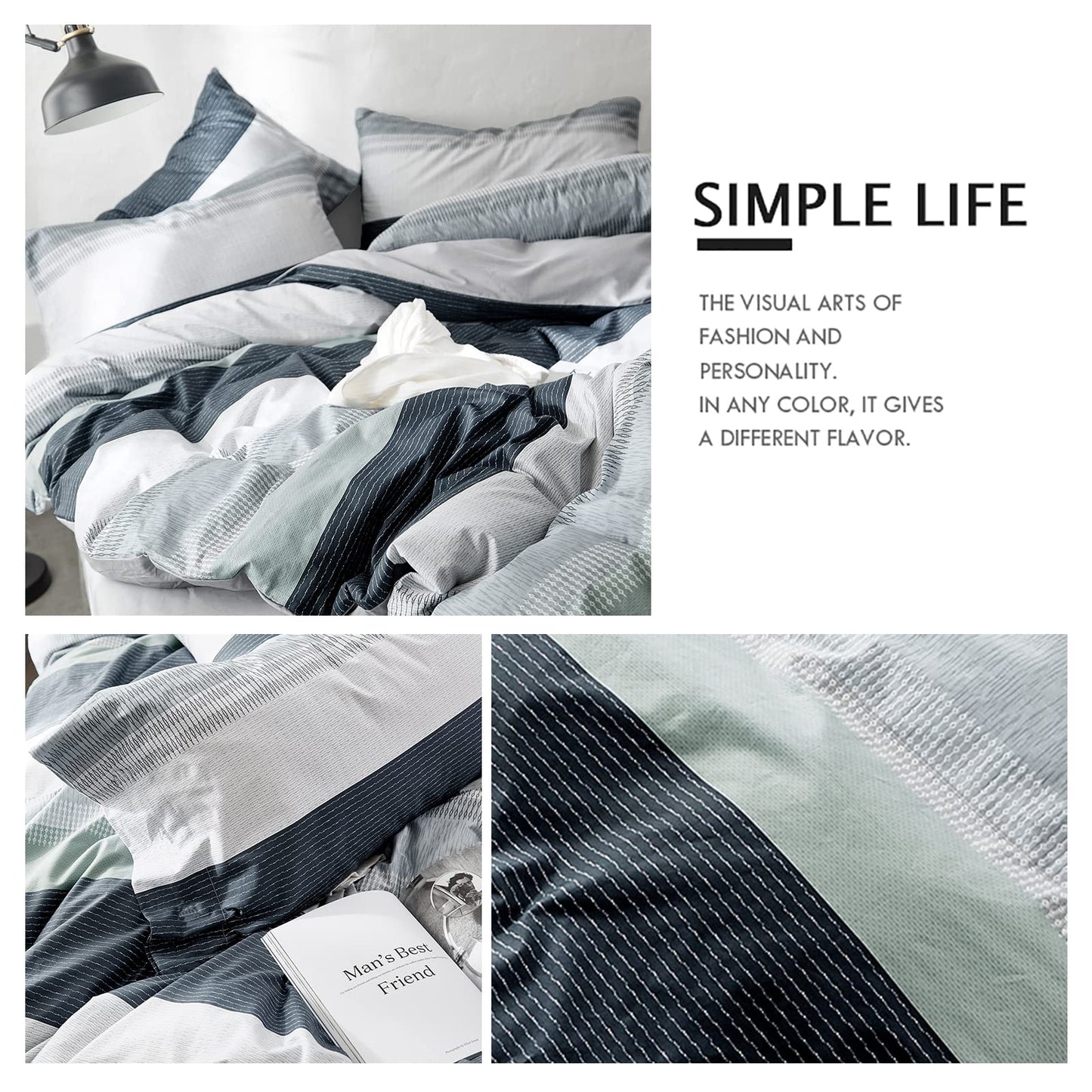 VM VOUGEMARKET Bedding Striped Duvet Cover Queen,3 Pieces Blue Gray Duvet Cover Sets, Cotton,Modern Simple Comforter Cover for Teens Men-Full/Queen,Martin