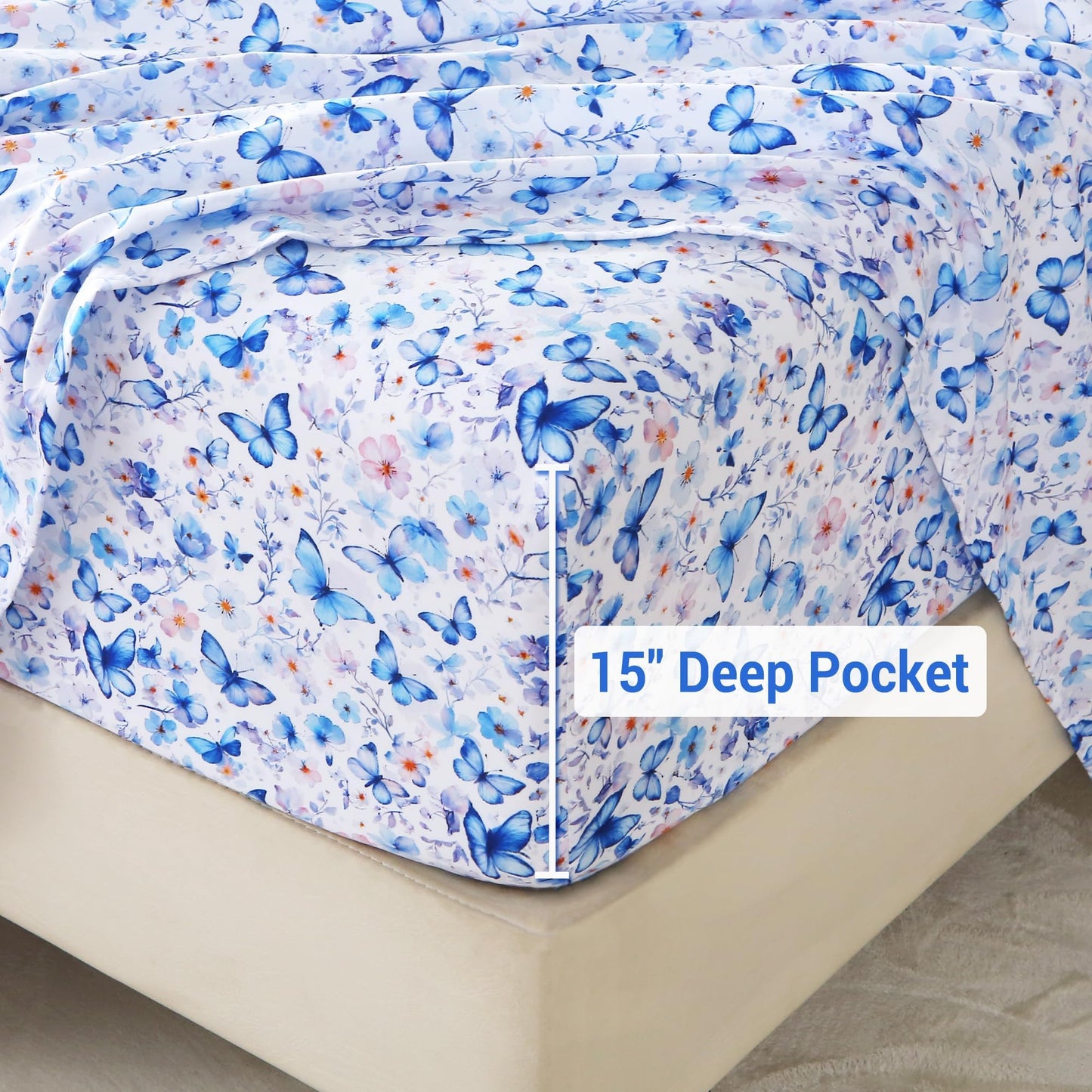 Softan Queen Floral Sheets, Microfiber Blue Flower Printed Fitted Sheets with Non-Slip Corner Straps and 15" Deep Pocket, Butterfly Patterned Cozy Bed Sheets & Pillowcase Sets