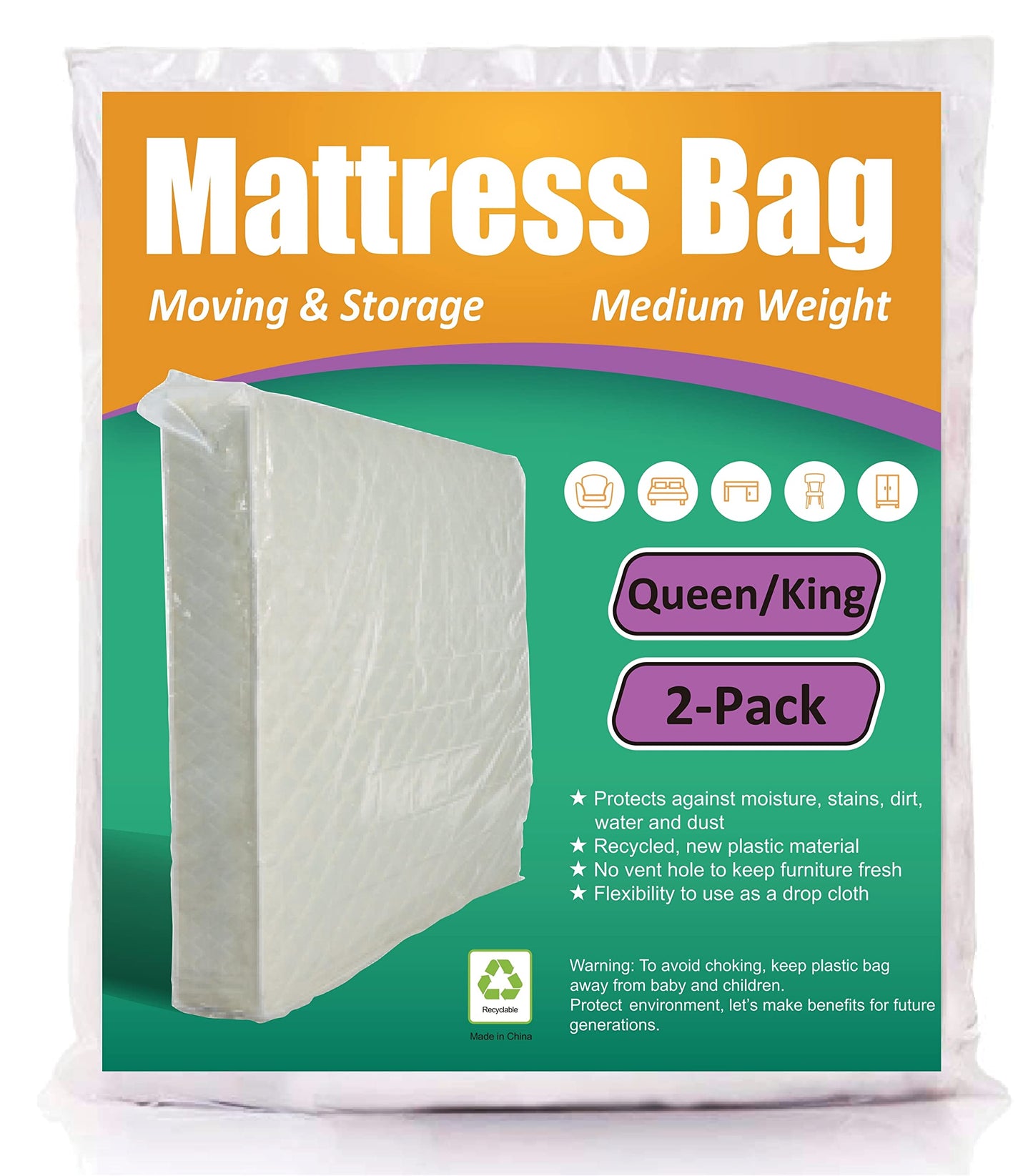 ComfortHome Mattress Bag for Moving and Storage, 3 Mil Thick, Fits Queen and King Size Mattress, 2 Pack