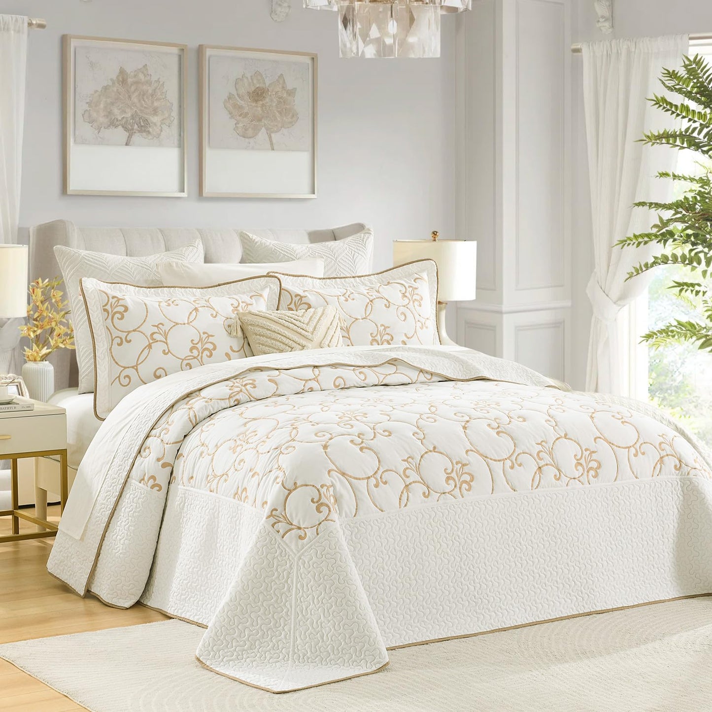 FineStichery 100% Cotton Oversized Bedspread Quilt Coverlet Set, 120"x102" Extra Large Queen Bedspreads with Pillow Shams, Lightweight Embroidered Bedding Cover 3 Piece, Beige/White