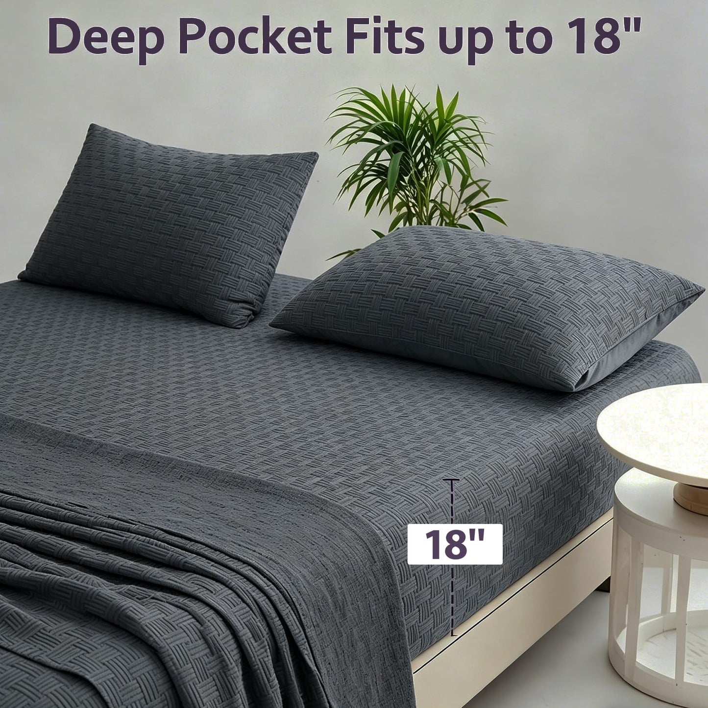 Seavelson Woven Grid Soft King Size Sheet Set - Comfortable & Breathable 4 Piece Bed Sheets with 1 Fitted Sheet,1 Flat Sheet & 2 Pillowcases - Deep Pocket Up to 18 Inches (Dark Grey)