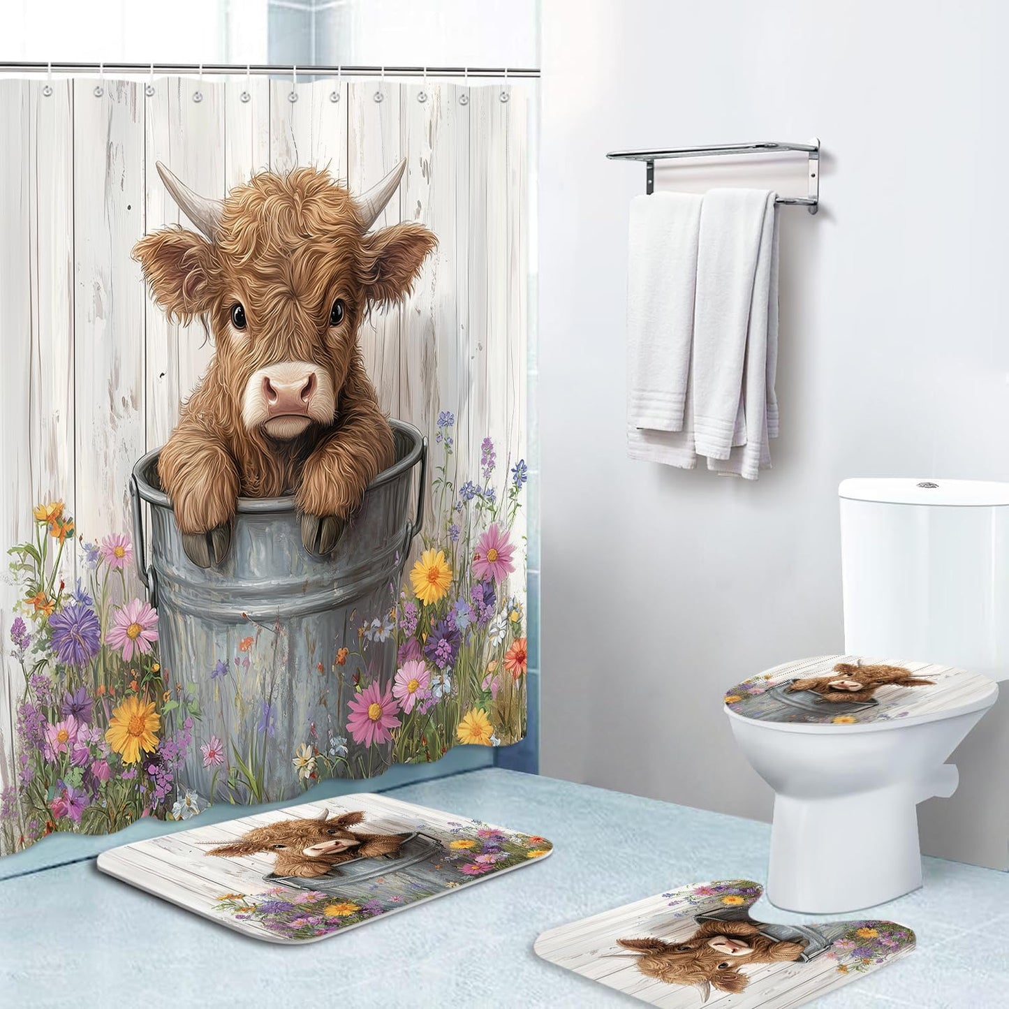 Sokdcam 4 Pcs Farmhouse Highland Cow Shower Curtain Sets with Rugs Wooden Bathroom Set, RusticCute Cow Floral Flowers Home Bath Bathtub Decor for Bathroom 72 x 72 Inch