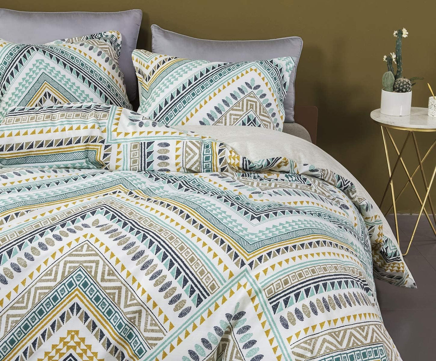SLEEPBELLA Comforter King Size, 600 Thread Count Cotton Yellow & Dark Blue Bohemian Pattern Printed on White Reversible Comforter Sets,Down Alternative Bedding Set 3Pcs (King, Teal Geometric)