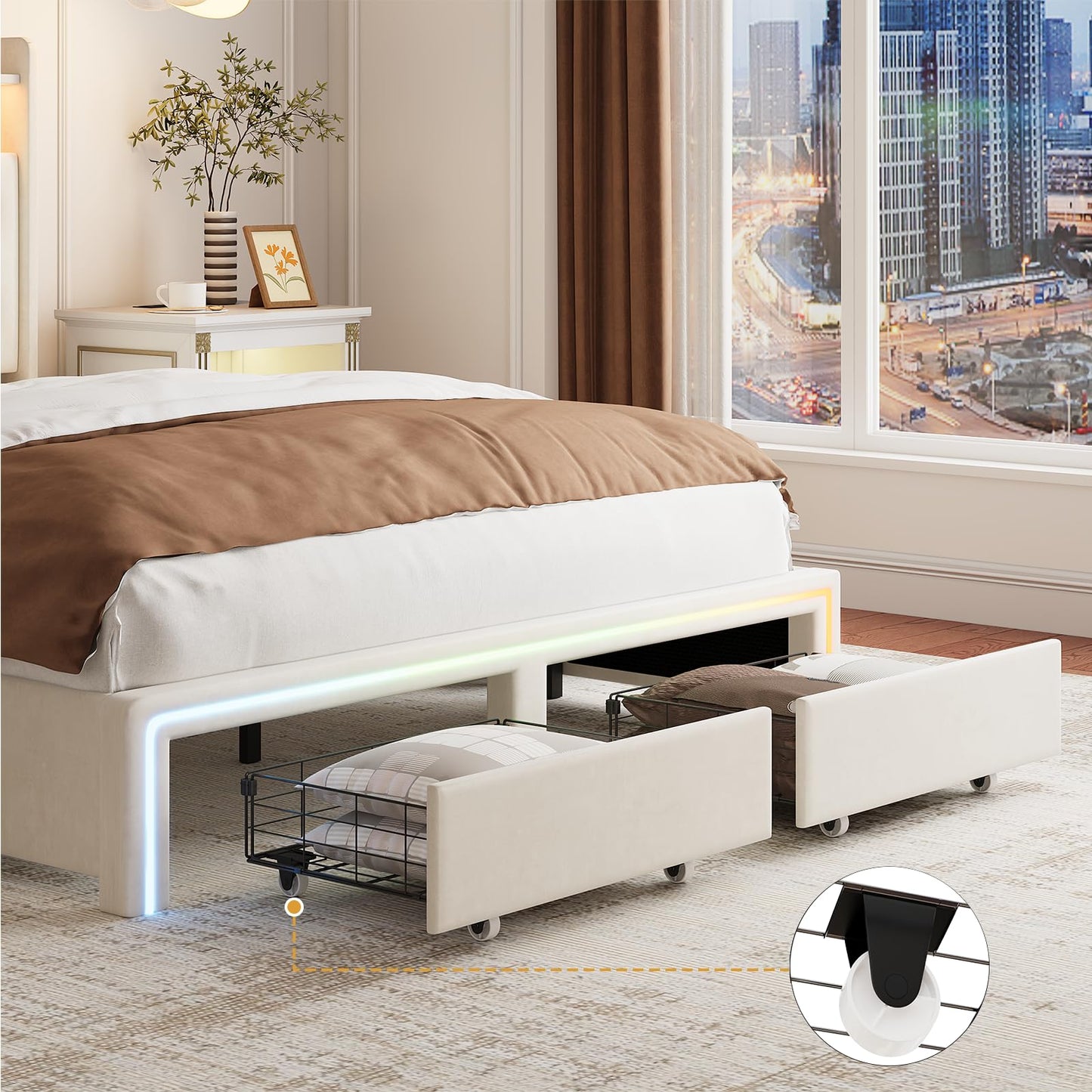 VINTLJUS Full LED Bed Frame with Storage Headboard & Charging Station, Velvet Fabric Platform Bed Frames with 4 Drawers, Button Tufted Upholstered, No Box Spring Needed, Noise Free, Beige