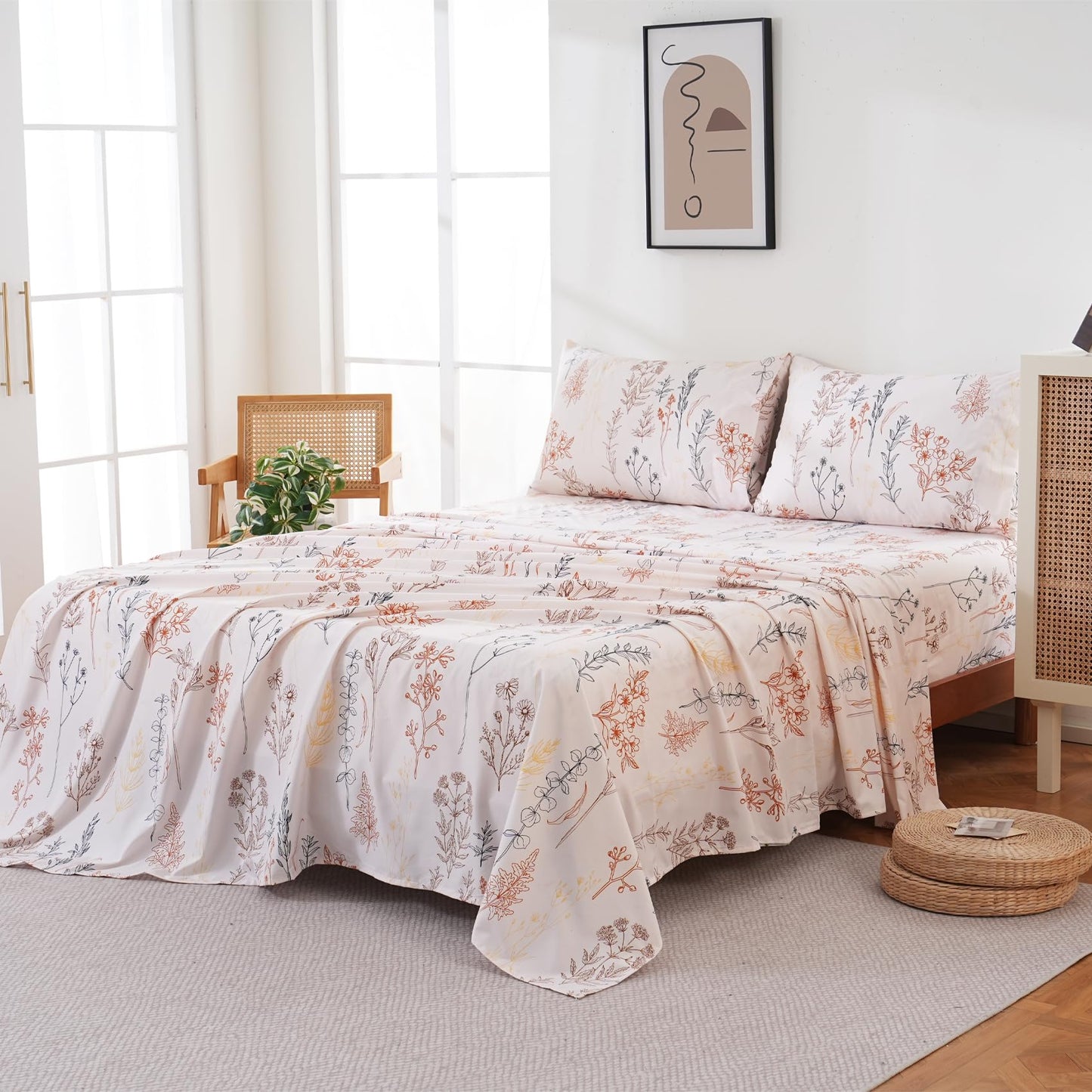 Yibeizi Floral Sheet Set Queen, Boho Botanical Rustic Pattern Bed Sheets Beige Fall Bedding Sheets & Pillowcases Soft Microfiber 15" Extra Deep Pocket Fitted Bedsheet 4 Piece