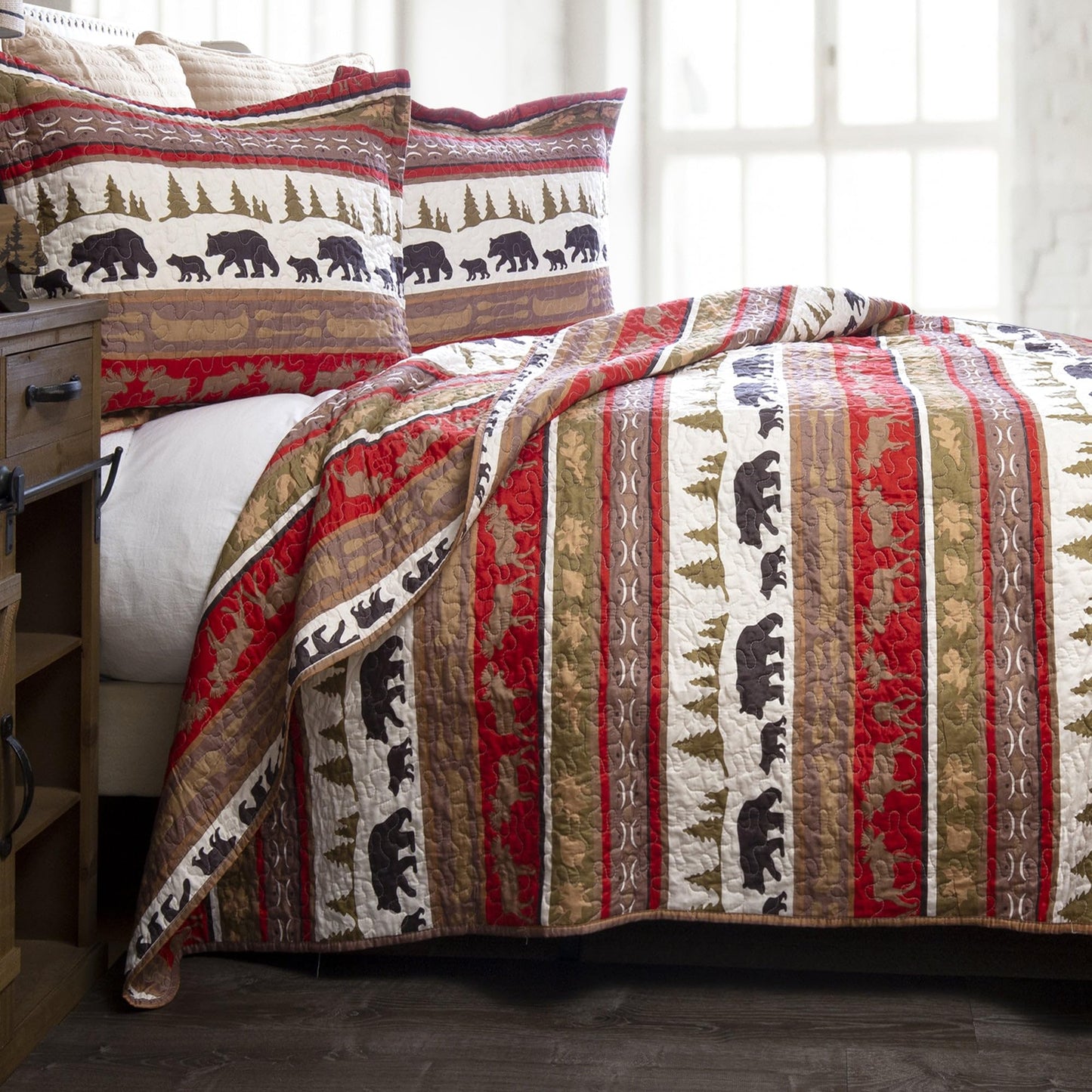 Carstens Rustic Cabin Country Bedding Set, 3-Piece Microfiber Quilt, Rustic Cabin & Lodge Stripe, King