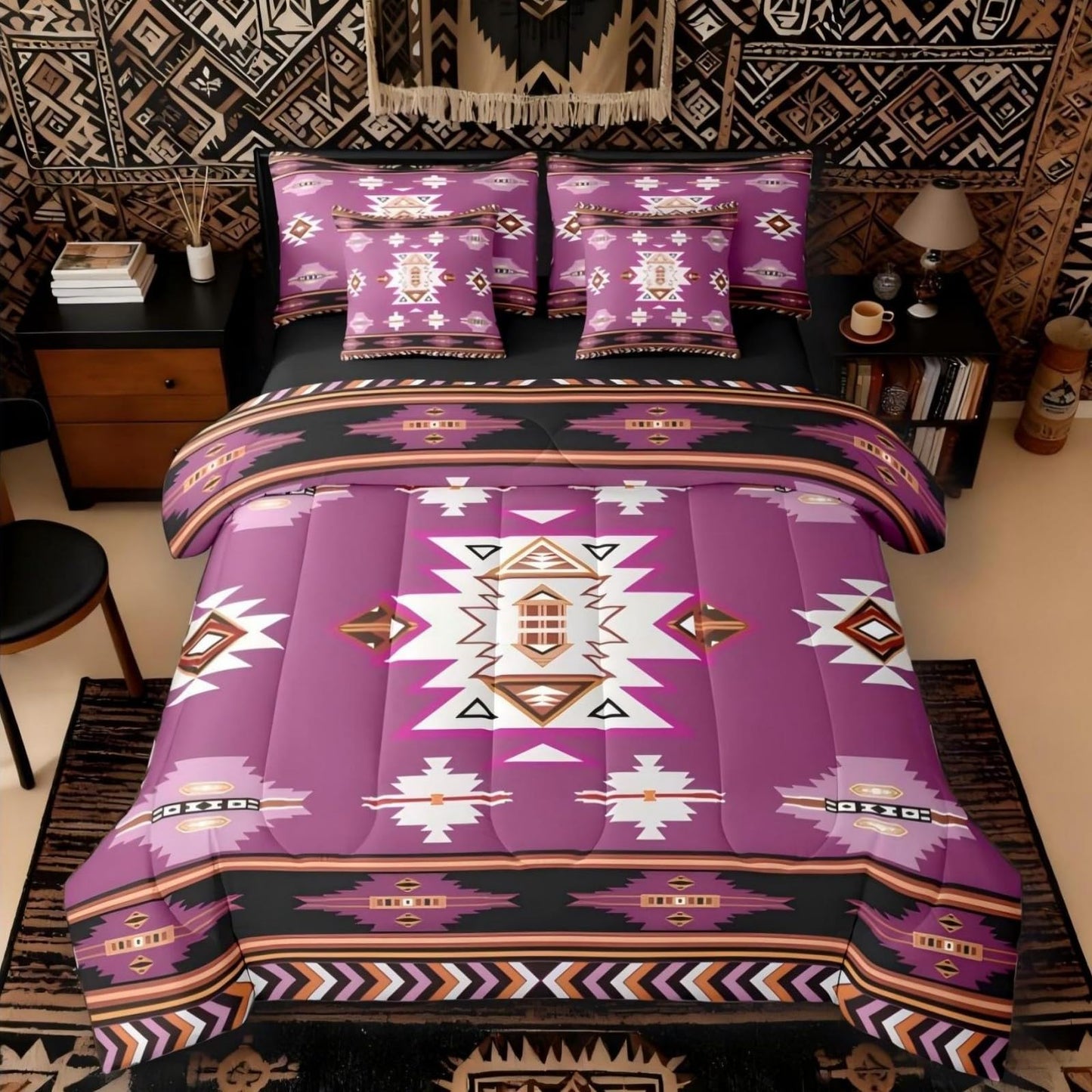 Erosebridal Western Comforter Set 7 Piece Bed in a Bag Twin | Bohemian Decor Geometric Bedding Sets Boho Aztec Comforter and Sheet Set, Ethnic Tribal Arrow Bed Sets,Purple