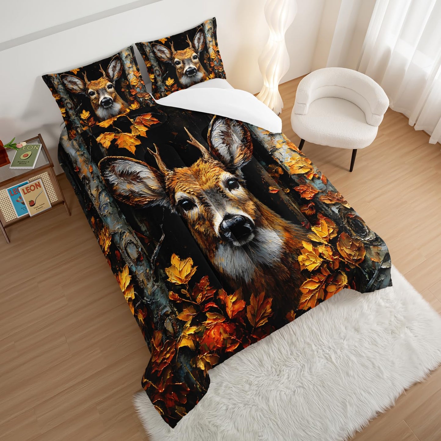 HOSIMA Deer Twin Comforter Set,Brown Deer in Forest Print Animal Bedding for Teens Boys Room Decor,Maple Leaves Pattern Hunting Themed Fluffy Wildlife Bedding Sets with 2 Pillowcases.