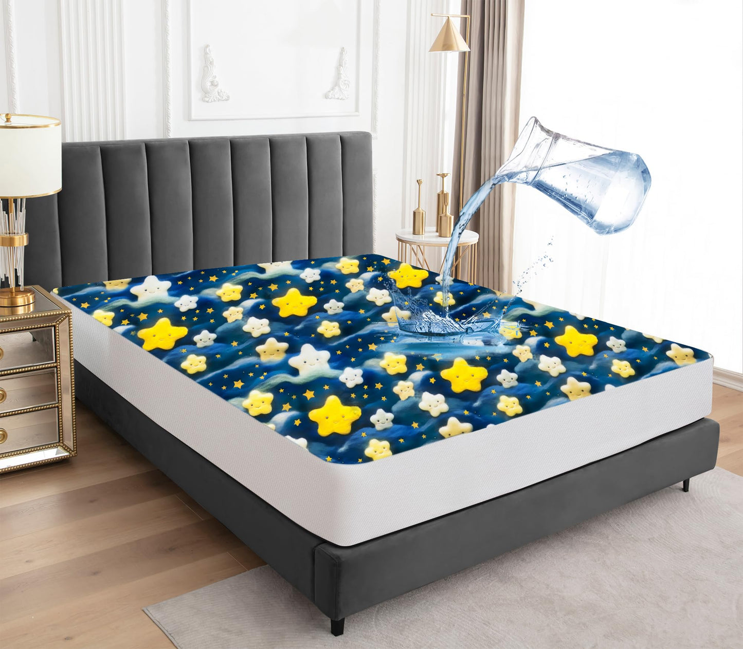 Sufdari Queen Mattress Protector,Waterproof Mattress Protector,Fitted Sheet Style Mattress Cover with 18" Deep Pocket,Washable and Comfortable-Starry Sky,Queen