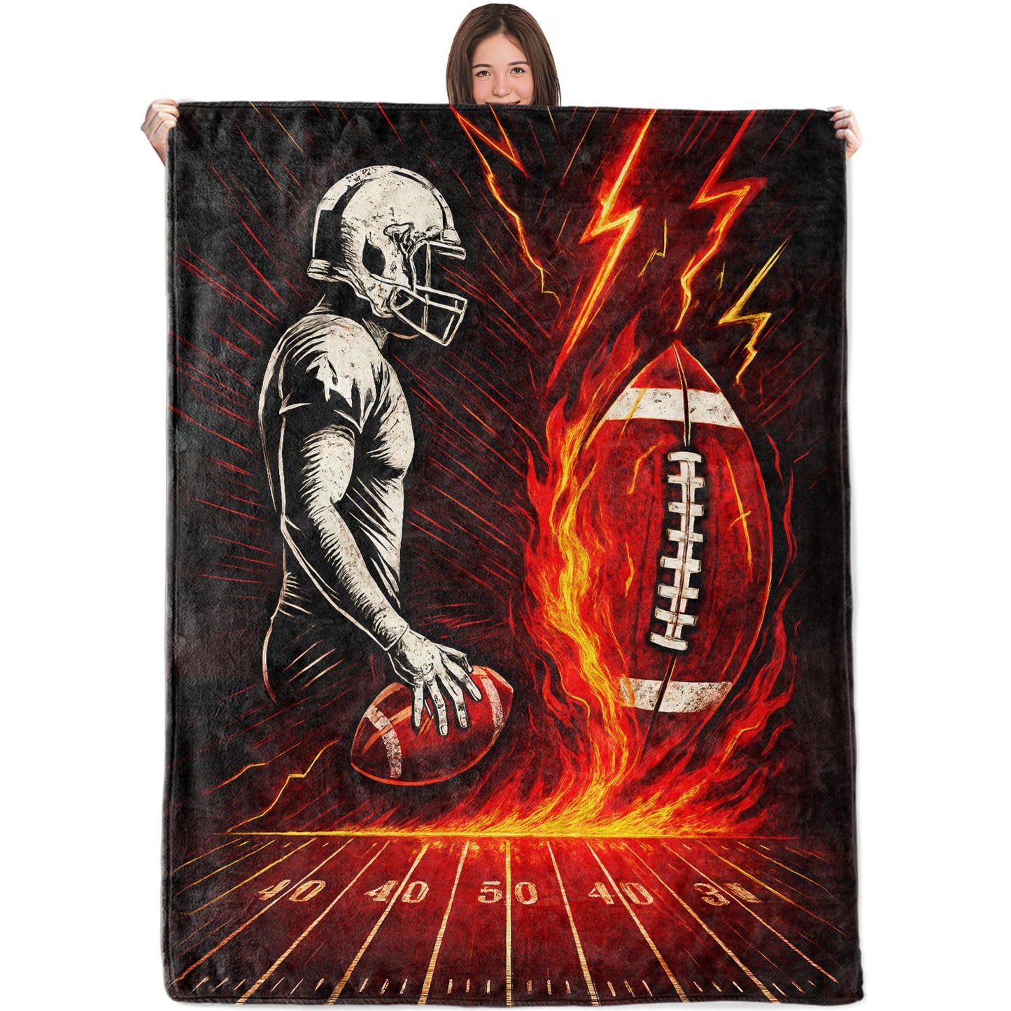 WKEDIN Football Blanket,50x60in,Cozy Flannel Throw with Fiery Balls and Player Sport Lightning Bolts Design,Soft Lightweight Gifts Blankets for Teens,Sofa Bed Travel Living Room Players Bold Decor