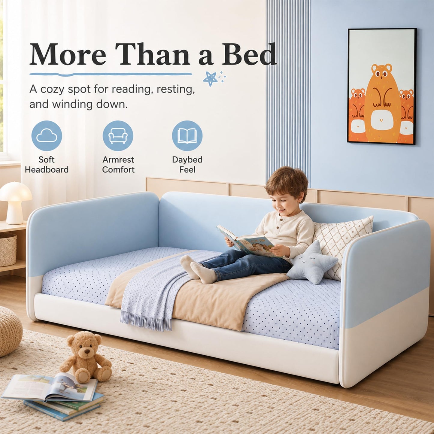 Twin Size Montessori Floor Bed with Upholstered Headboard and Armrests, Velvet Twin Floor Bed Frame with Protective Side Panels, Low Profile Platform Daybed for Kids, No Box Spring Needed, Blue