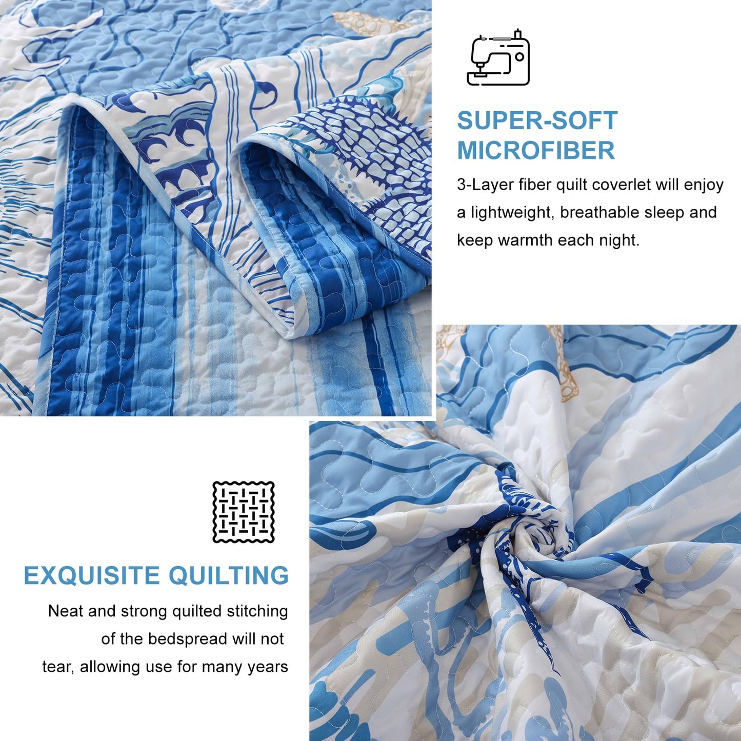DJY Coastal King Size Quilt Set 3 Piece, Reversible Microfiber Ocean Quilt with 2 Shams Nautical Bedding Set Beach Bedspread Coverlet Summer Lightweight Comforter Set for All Season, 110"x90"