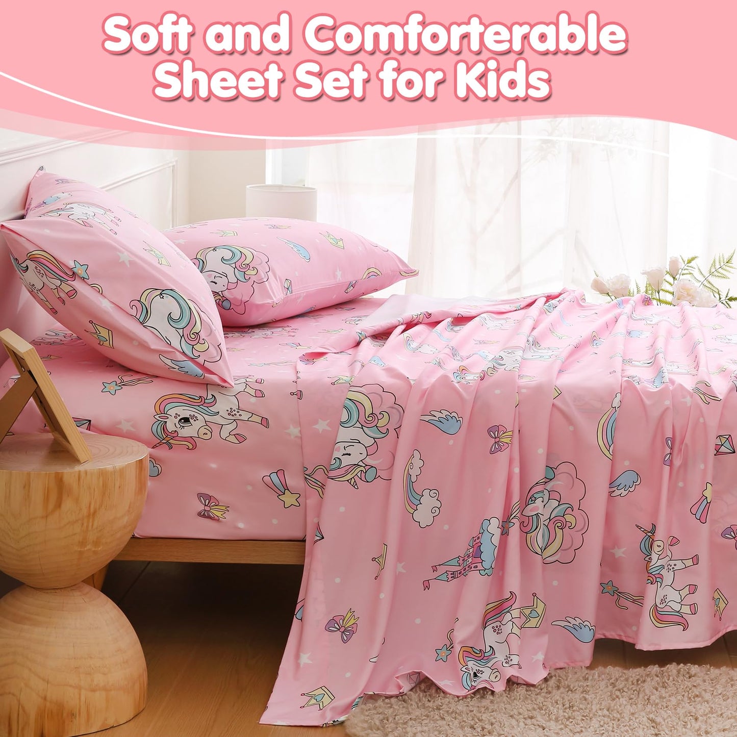 CIMVI Twin Sheets Set Kids Girls Unicorn Bed Sheets 15-Inch Deep Pocket Fitted Sheet Pink Bedding Sets 3 Piece Soft Microfiber Bed Set with Pillowcase Fade Resistant Children Room Decor