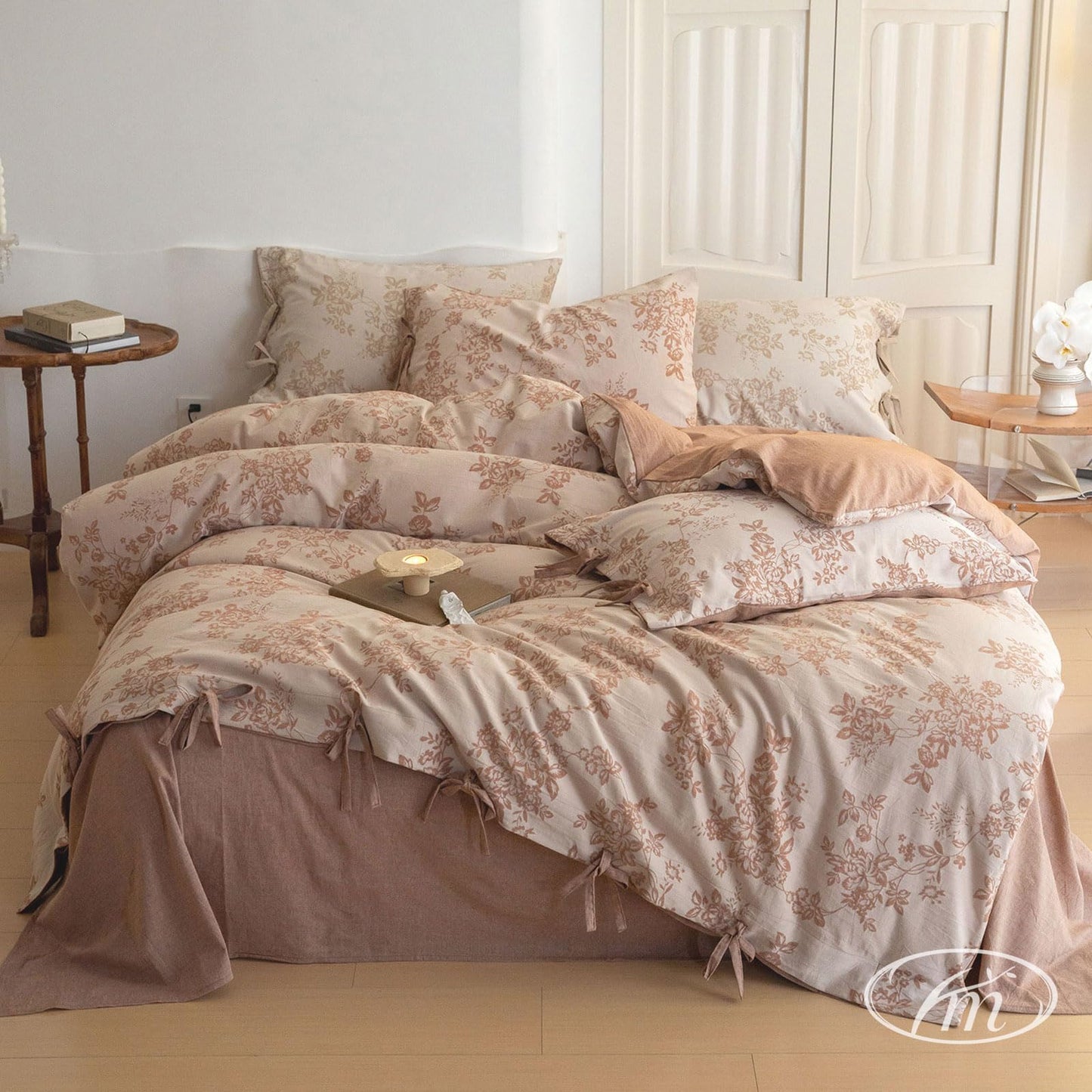 VM VOUGEMARKET Chic Floral Duvet Cover Queen,Yarn-Dyed Cotton Jacquard Textured Duvet Cover with Bowknot Retro Monet Style Bedding Set-90"x90",Pumpkin