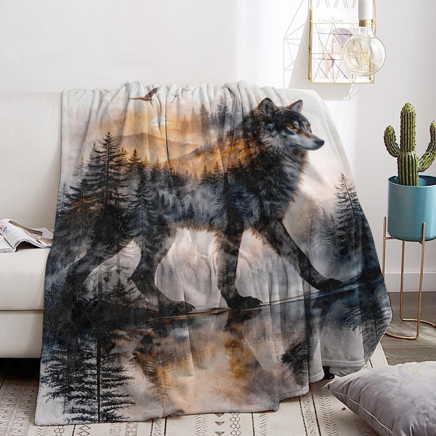 Wolf Forest Blanket Soft Cozy Mountain Sunset Wildlife Flannel Throw Blanket, Gifts for Men Teens, Warm Yet Lightweight Animal Blankets for Travel, Couch, Bed, Rustic Decor Comfort Wrap 60"×50"