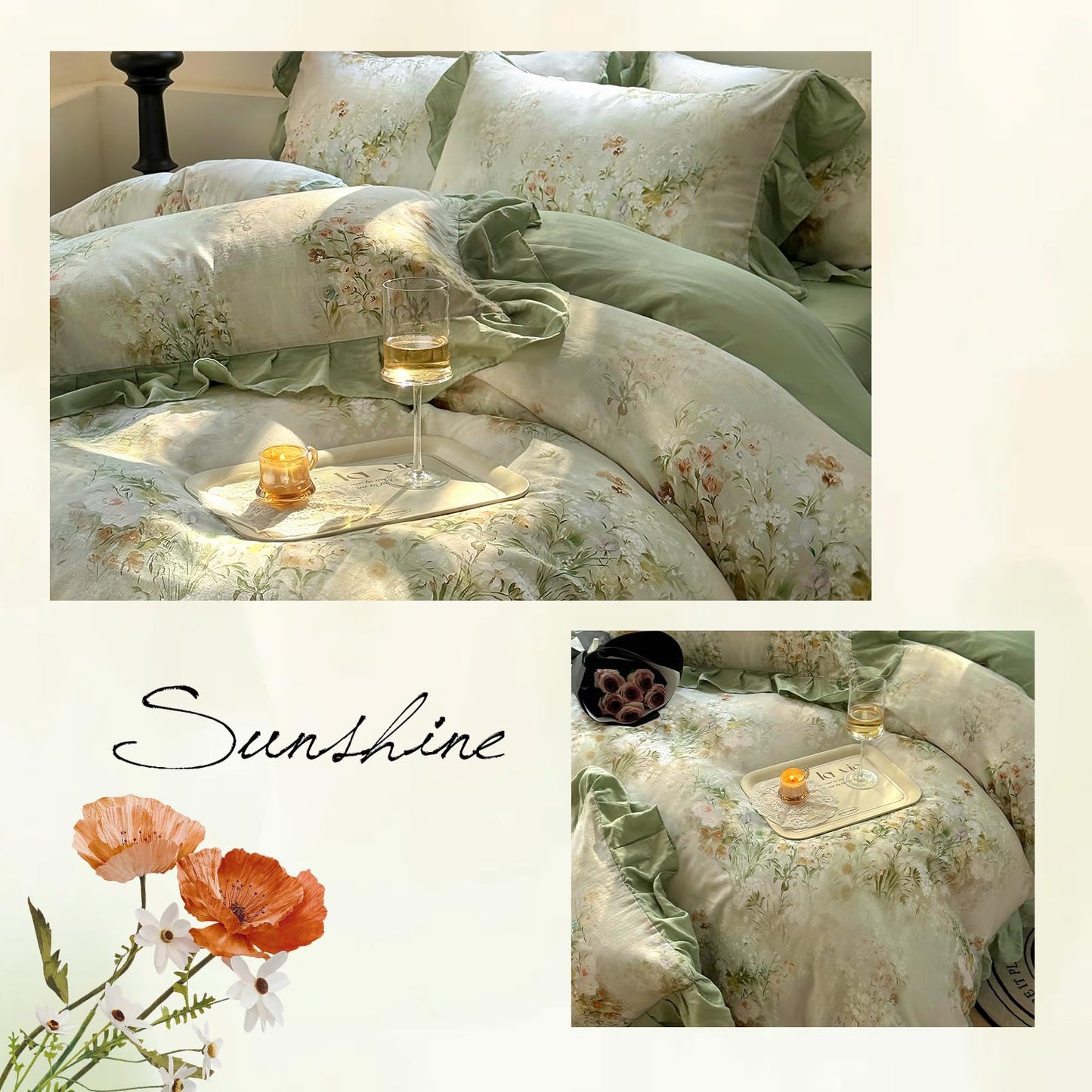 VM VOUGEMARKET Flower Duvet Cover Set, Sage Green Ruffled, Queen 90x90