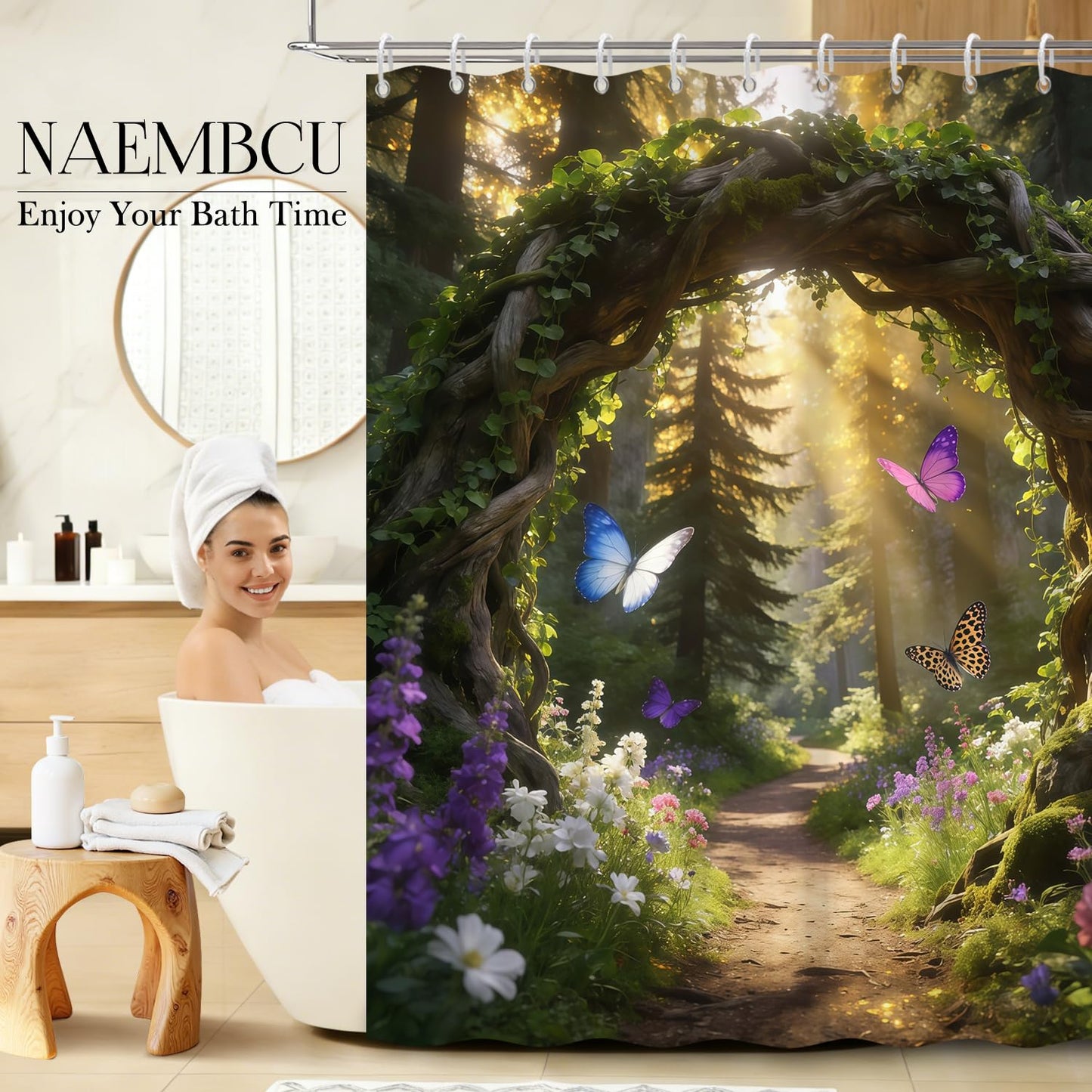 NAEMBCU Enchanted Forest Shower Curtain with Hooks - 72x78 Inch Extra Long Waterproof Fabric Bathroom Curtain with Butterfly, Wildflower and Woodland Path Design, Nature Scene Bath Curtain Decor