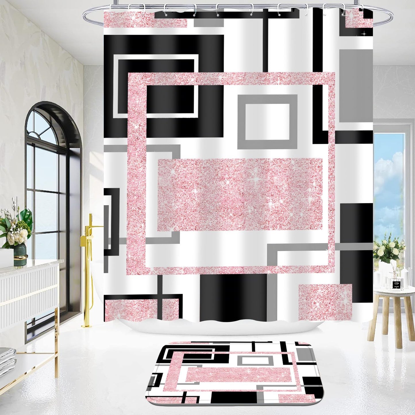 Yddsky 4 Pcs Pink Geometric Shower Curtain Sets Non-Slip Bath Rugs, Bathroom Accessories,Bathroom Sets with Shower Curtain and Rugs, Pink Geometric Modern Bathroom Decor with 12 Hooks