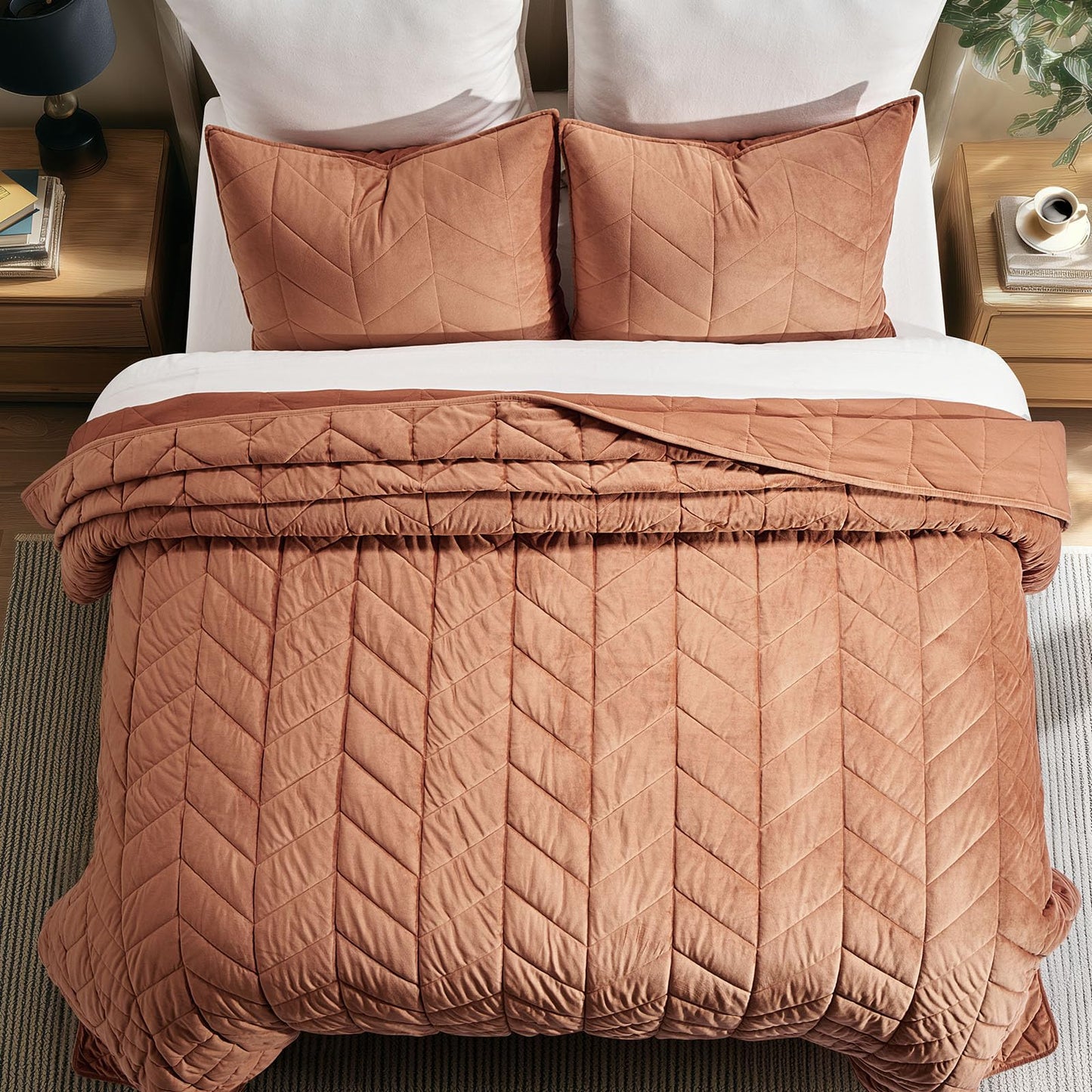 EVERGRACE 3 Pieces Luxurious Velvet King Quilts, Ultra Soft Lightweight Velvet Comforter Set, Matelasse Oversized Bedspread Coverlet for All Season with 2 Shams, Burnt Orange, 108"x96"