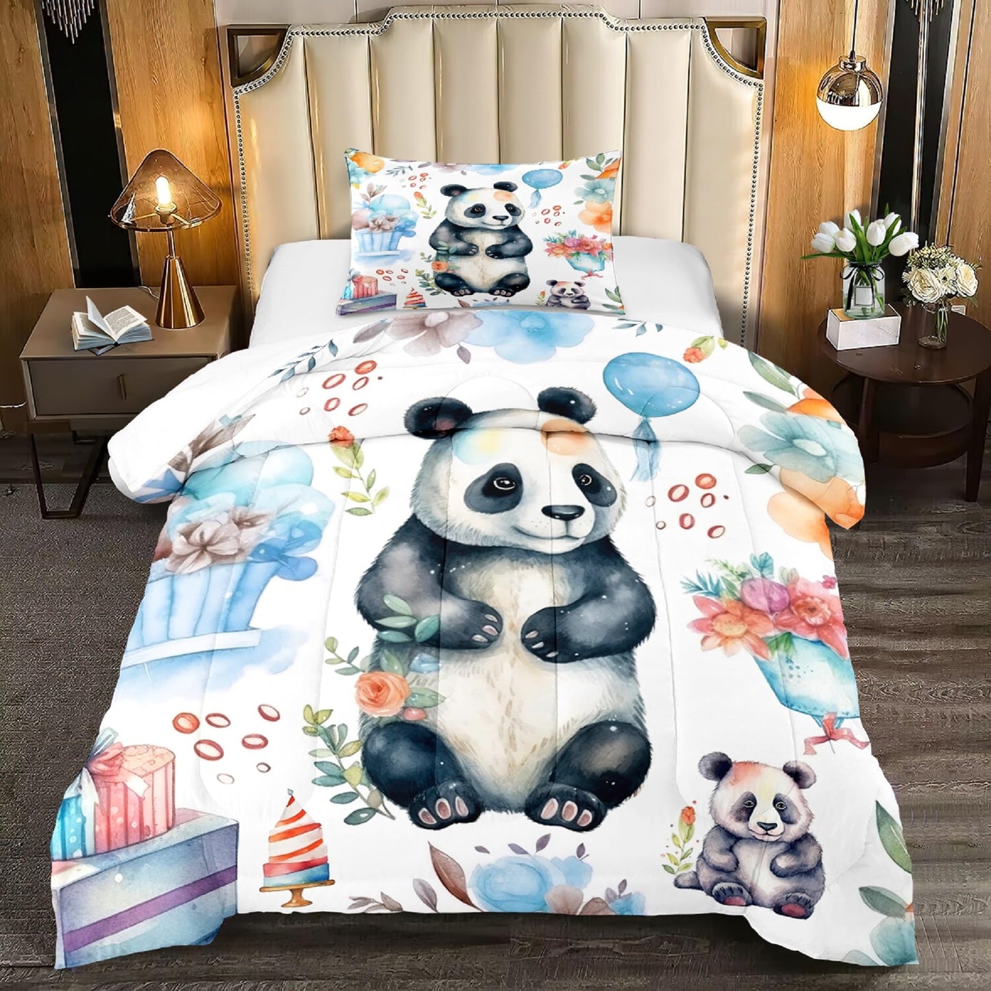 Panda Comforter Set Twin Size - Bedding for Boys Girls, Cute Cartoon Print Comfort Set for Kids Teens, 1 Comforter + 1 Pillowcase