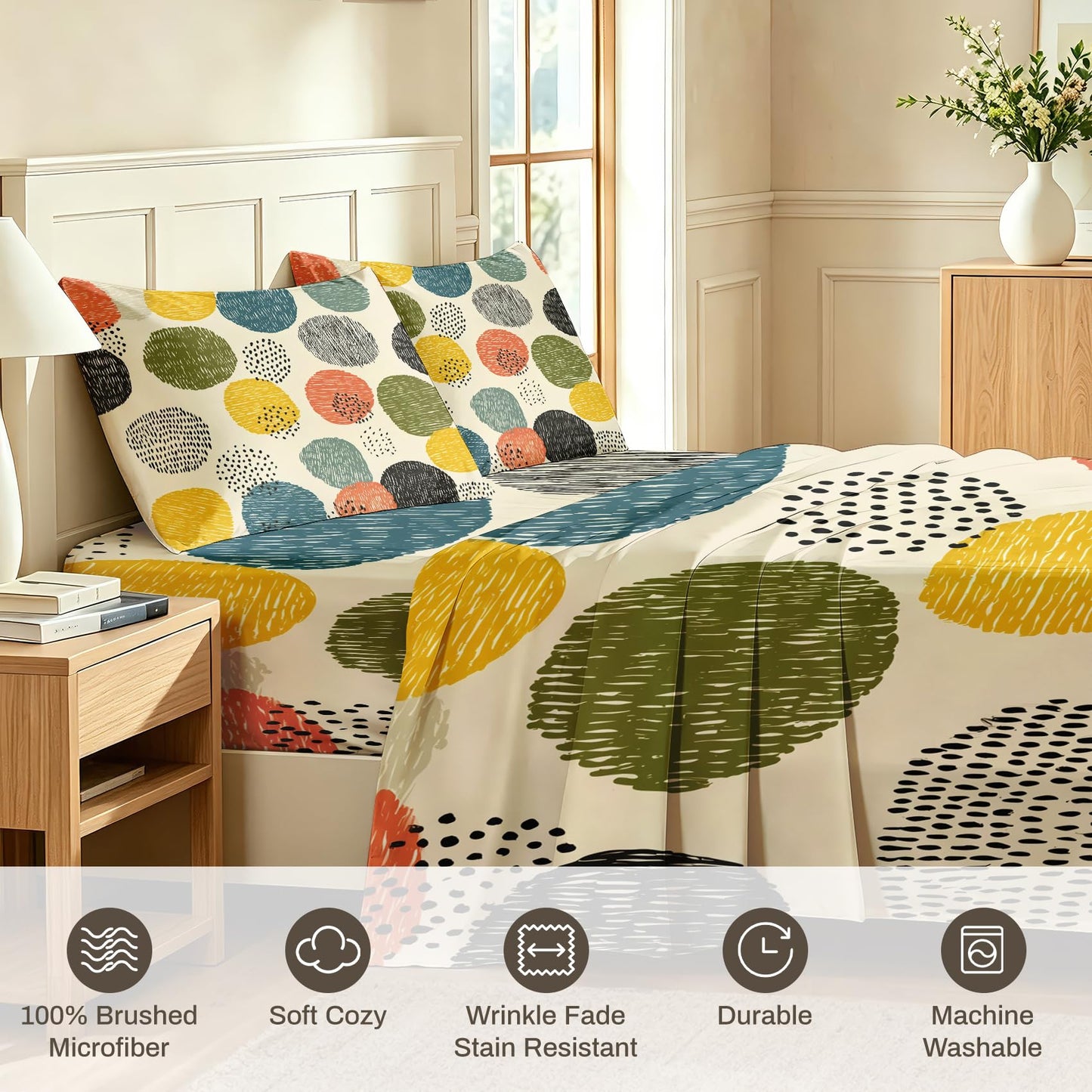 Polka Dot Queen Sheet Set 4 Pcs Colorful Bed Sheets, Green White