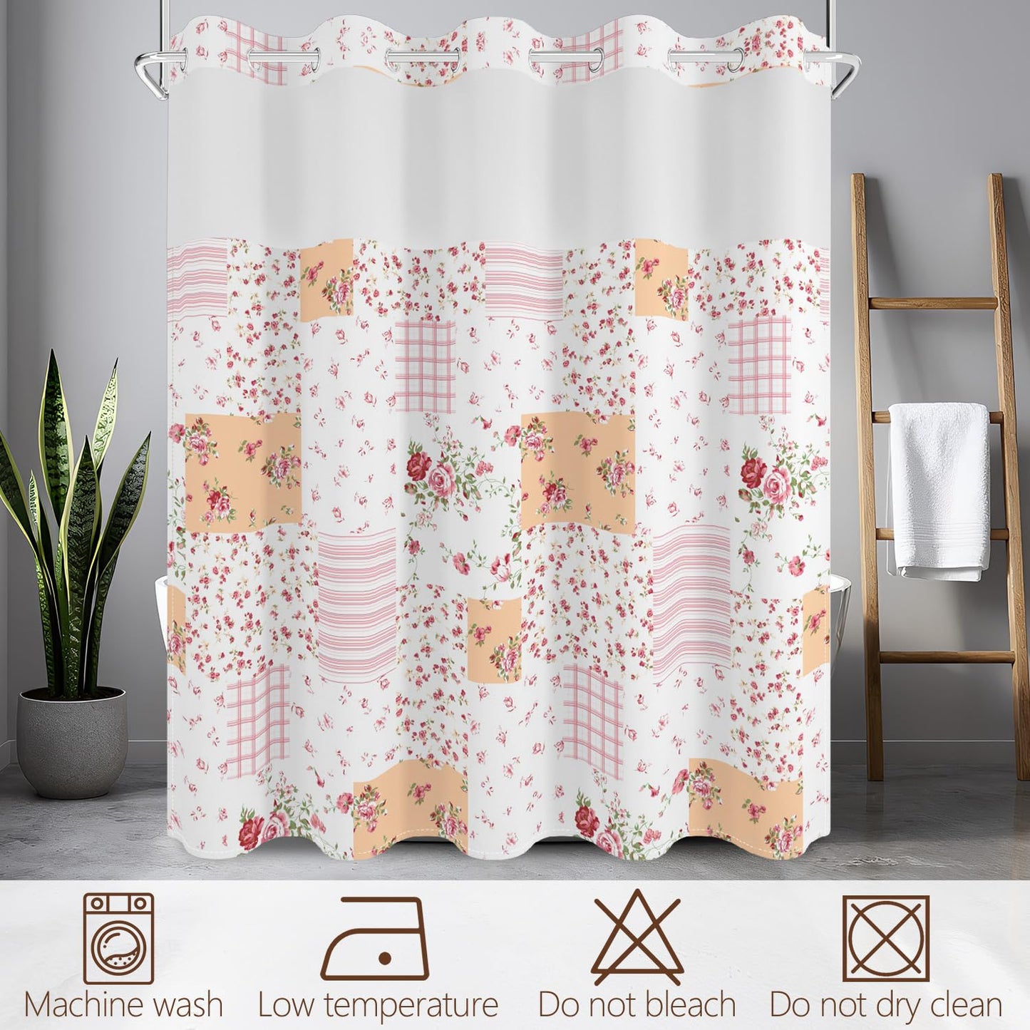 No Hook Shower Curtain with Snap in Fabric Liner Set, Waterproof & Washable, Patchwork Pink Rose Floral Shower Curtains for Bathroom, Farmhouse Rustic Flower Bathroom Curtain, House Gift, 71x74 inch