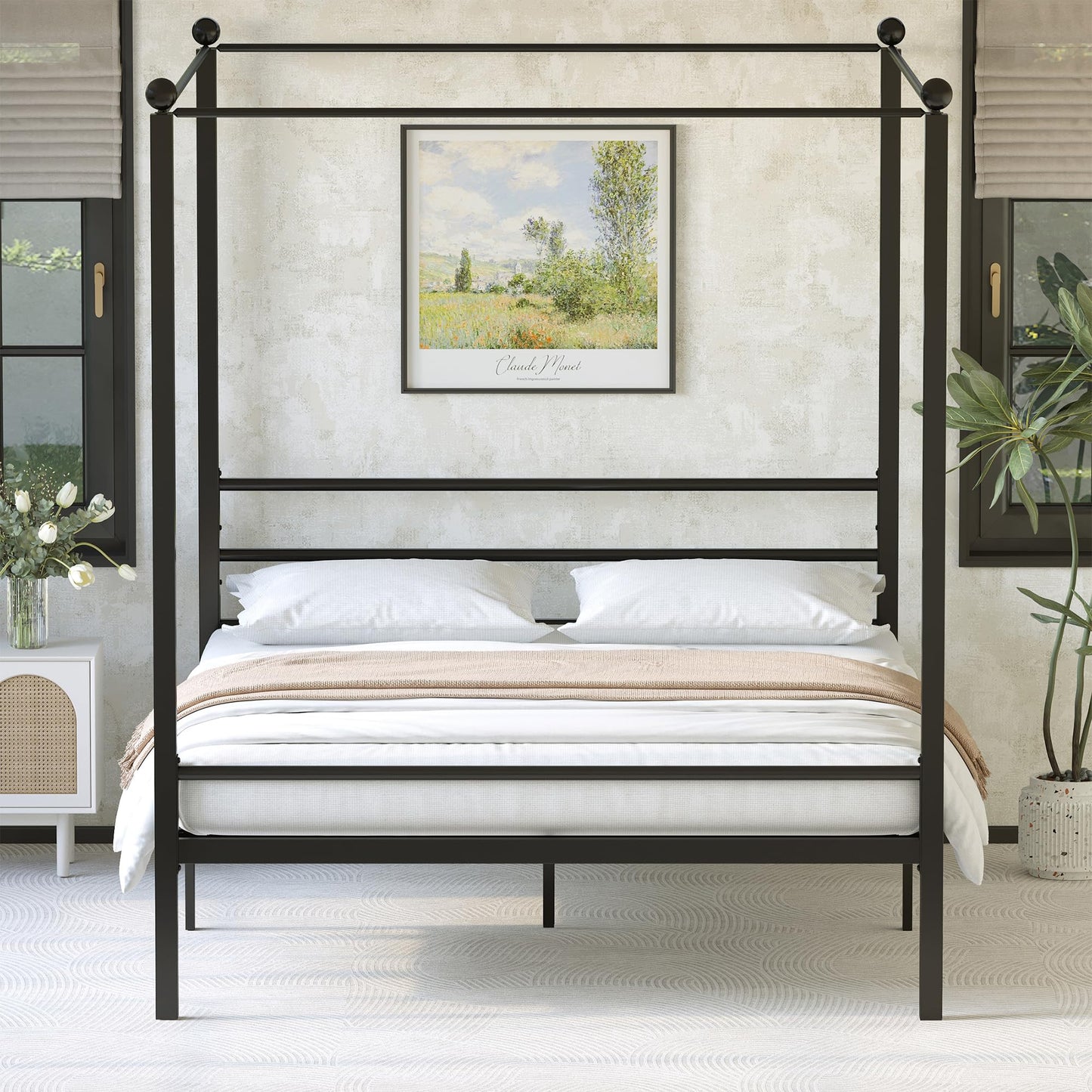 Lutown-Teen King Size Canopy Bed Frame, Four Poster Metal Canopy King Size Bed Frame, Heavy Duty Mattress Foundation with Underbed Storage, No Box Spring Needed, Easy Assembly, Black