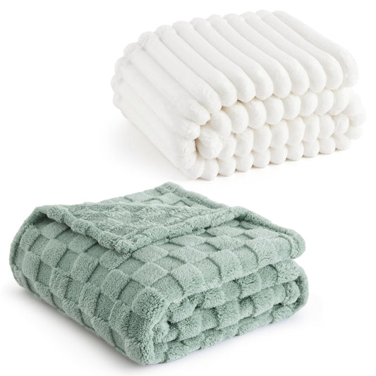 Bedsure Fleece Throw Blanket for Couch White and Sage Green