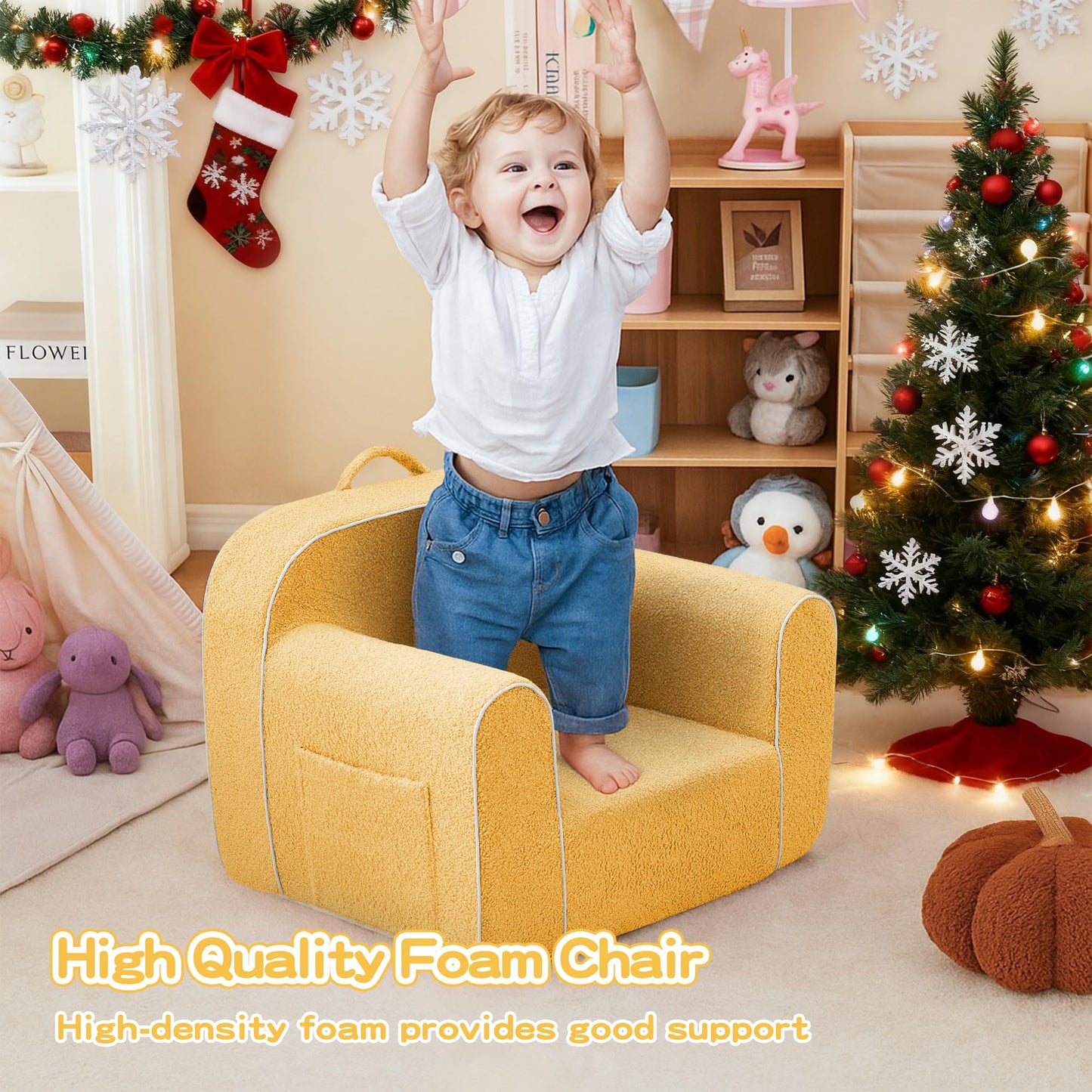 DAICO Ultra-Soft Foam Kids Sofa Chair, Cozy Toddler Bean Bag Chair with Armrests for Boys and Girls, Teddy Lazy Sofa Couch for Reading & Playing, Yellow, Small