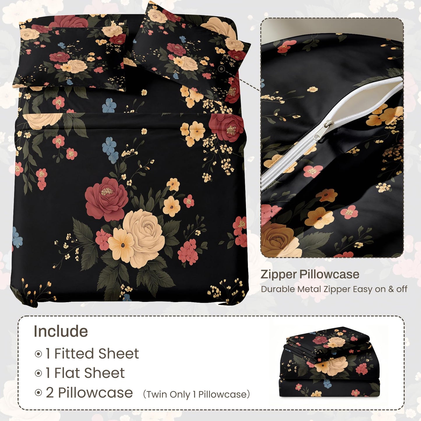 Peony Floral Bedding Set 4 Pcs Flowers Queen Sheets