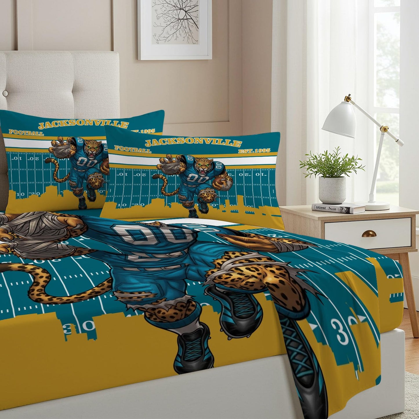 Allenjoy Jacksonville American Football Teal Momentum Sheets Set with Fitted Sheet, Flat Sheet and 1 Pillowcase for Boys Teens Men Fans Son Bedding Bedroom Decor, Twin Size
