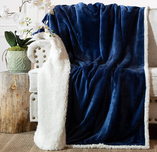 Carstens, Inc. Ultra Premium Super Soft Plush Sherpa Fleece Oversized Throw Blanket 54" x 68", Navy Blue