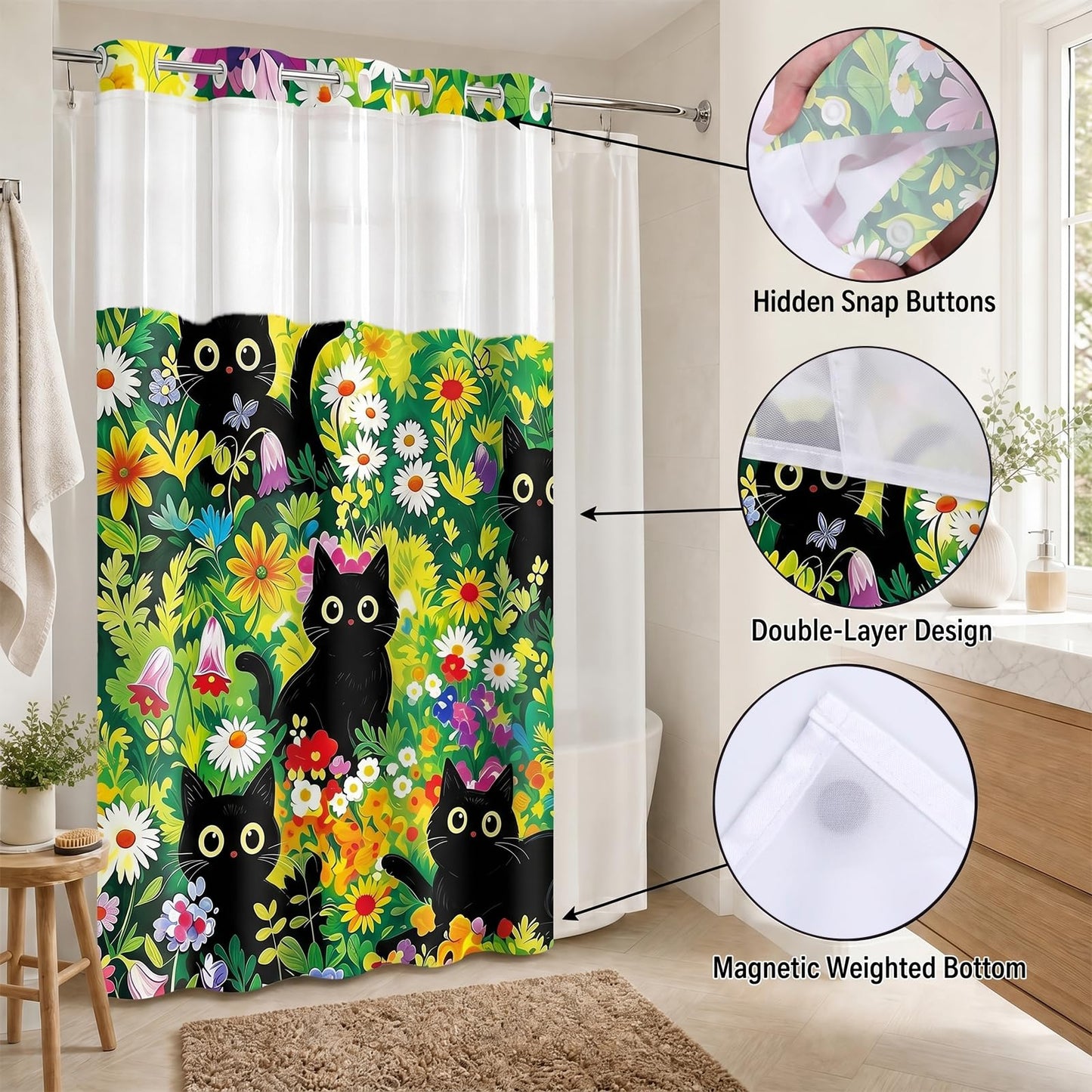 VISSTREE No Hook Shower Curtain and Liner Set, Black Cat Shower Curtain