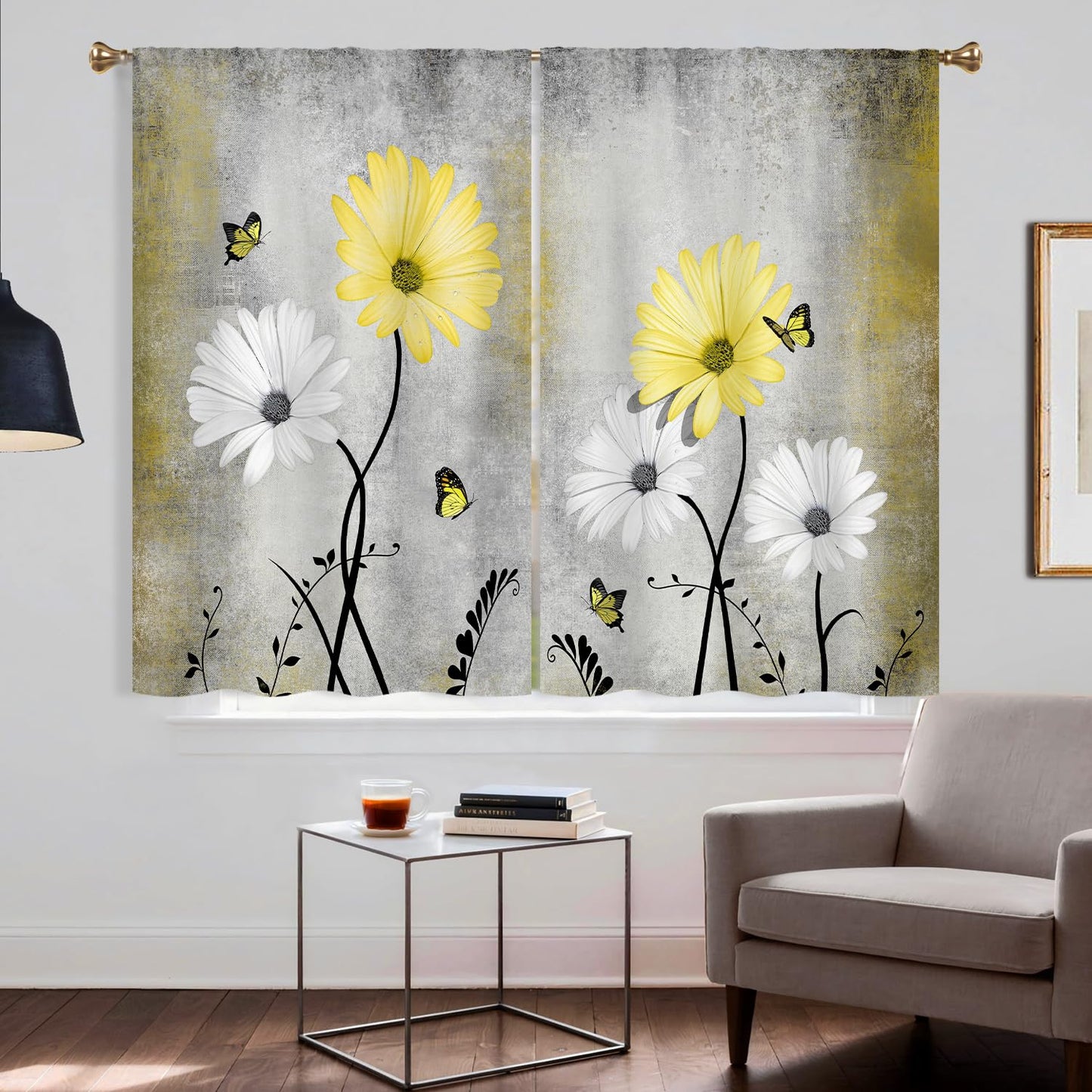 Cizuug Yellow Daisy Rustic Farmhouse Kitchen Curtains Watercolor Floral Flower Small Short Cafe Window Curtains Butterfly Country Bathroom Drapes Treatment Tier Curtains 2 Panels