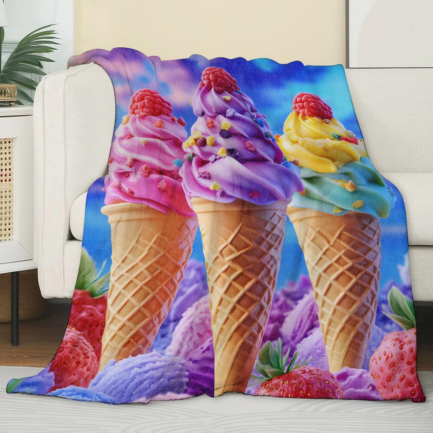 Ice Cream Blanket for Adult Kids, Ice Cream Decor Gifts for Sofa Couch Bed Living Room Soft, Flannel Ice Cream Throw Decoration Soft Warm Lightweight Cozy 60" x 50"