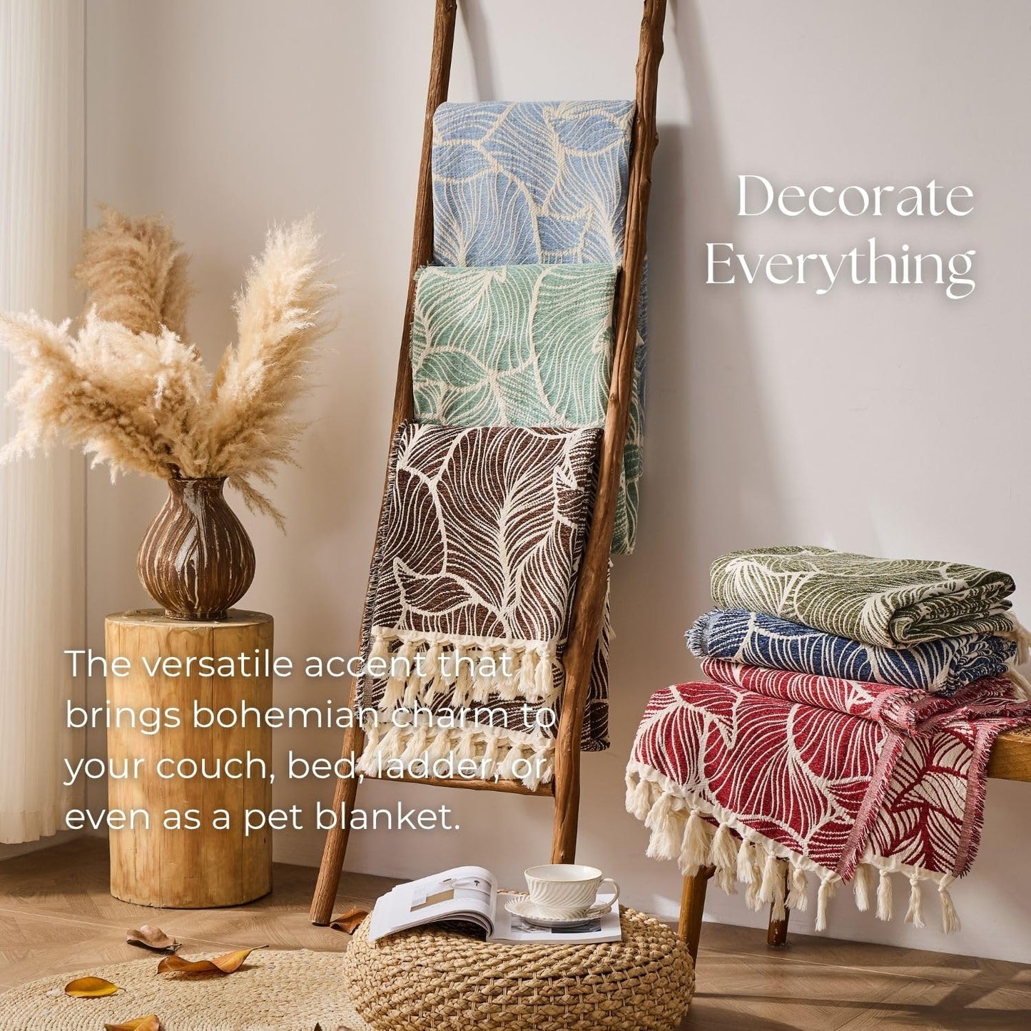 DOWN HOME Chenille Cotton Throw Blanket for Couch, Lightweight Boho Blanket for Bed Sofa Chair Living Room Outdoor Soft Woven Decorative Blanket with Tassel Gift Green Leaves 55"x60"