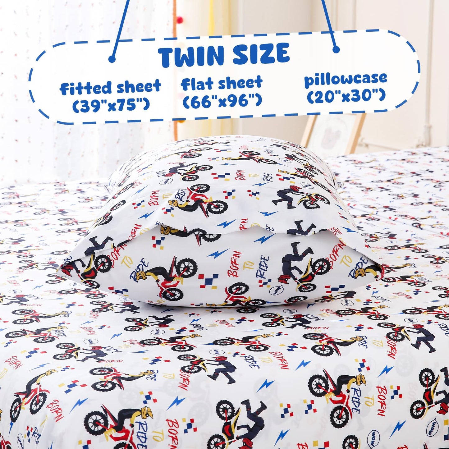 LONAVA Twin Sheet Set Kids - 3 Pieces Soft Microfiber Cartoon Style Bedsheets for Boys Girls Teens, Oeko TEX, Breathable Deep Pocket Sheets (Dirt Bike)