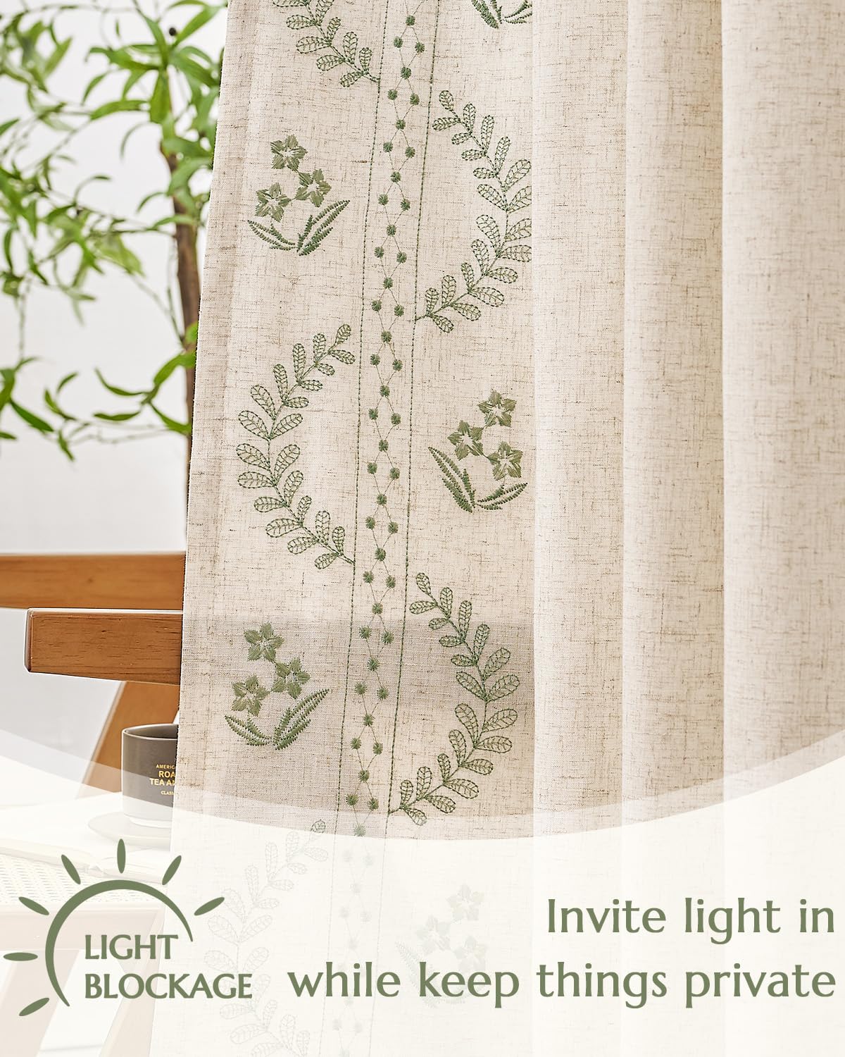 jinchan Belrose Lined Linen Blend Curtains Floral Curtains for Bedroom 96 Inch Length Sage Green Embroidered Drapes Rod Pocket Farmhouse Flower Drapes for Living Room Window Treatments Set 2 Panels
