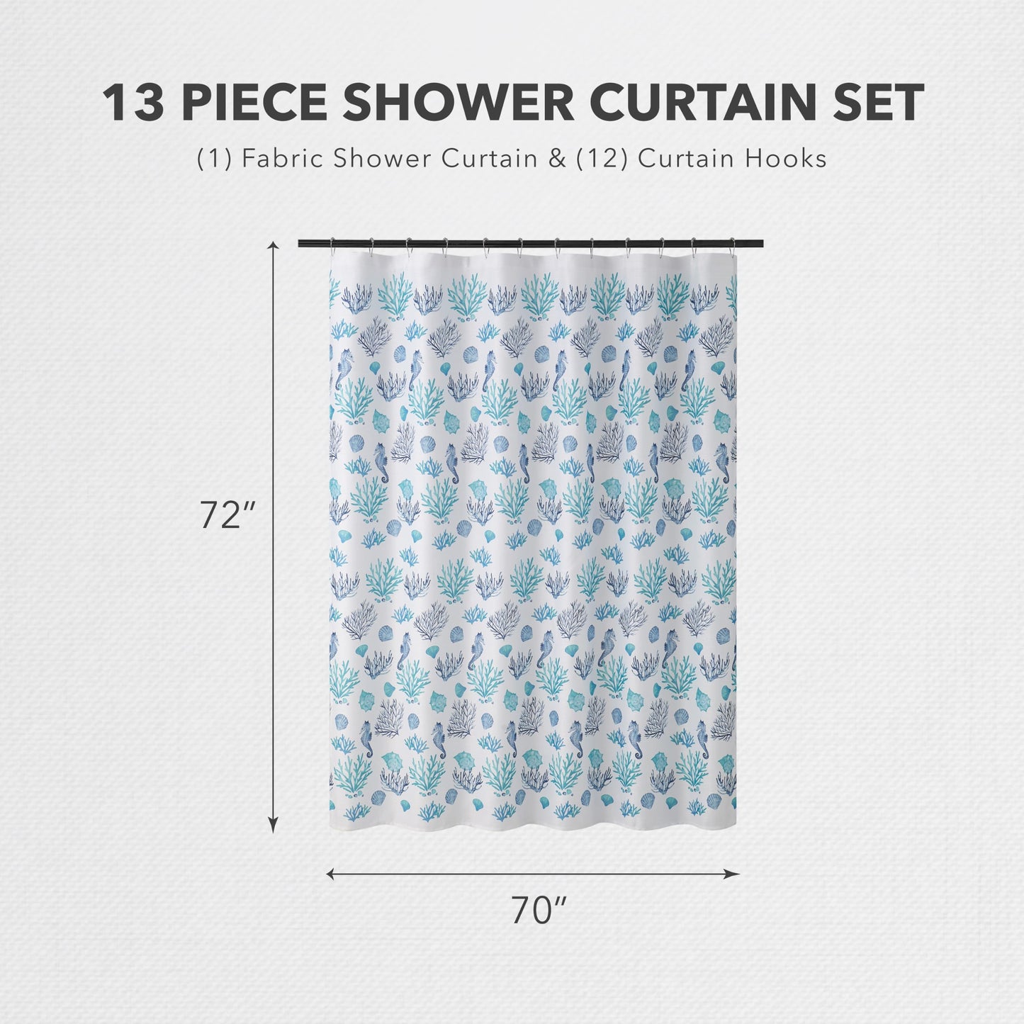 Creative Home Ideas 70"x72" Fabric Shower Curtain with 12 Hooks, South Cape Coastal Teal Blue 13-Piece Shower Set