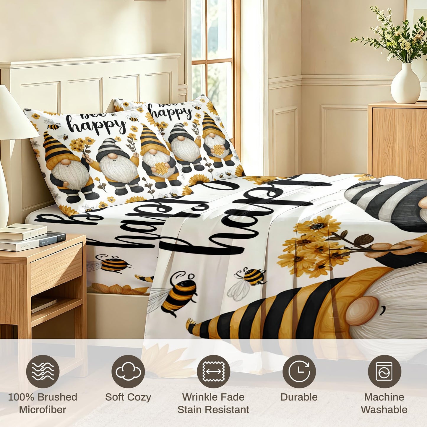 Gnome Bee Sheet Set, 3 Pcs Twin Size Kids Happy Bed Sheets, Yellow