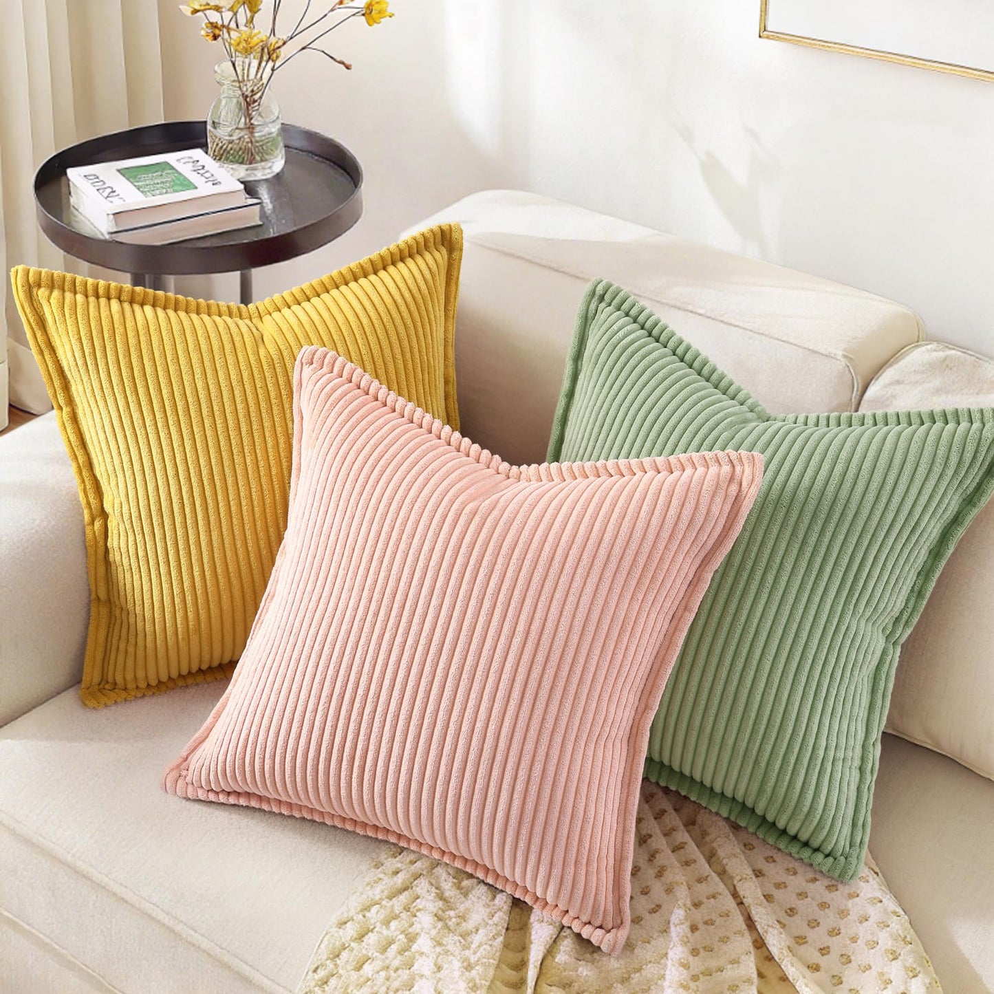 decorUhome Fall Corduroy Sage Green Euro Sham Throw Pillow Covers 22x22 Set of 2 Decorative Soft Boho Farmhouse Couch Pillow Covers for Living Room Bed Sofa Broadside Striped Pillow Cases
